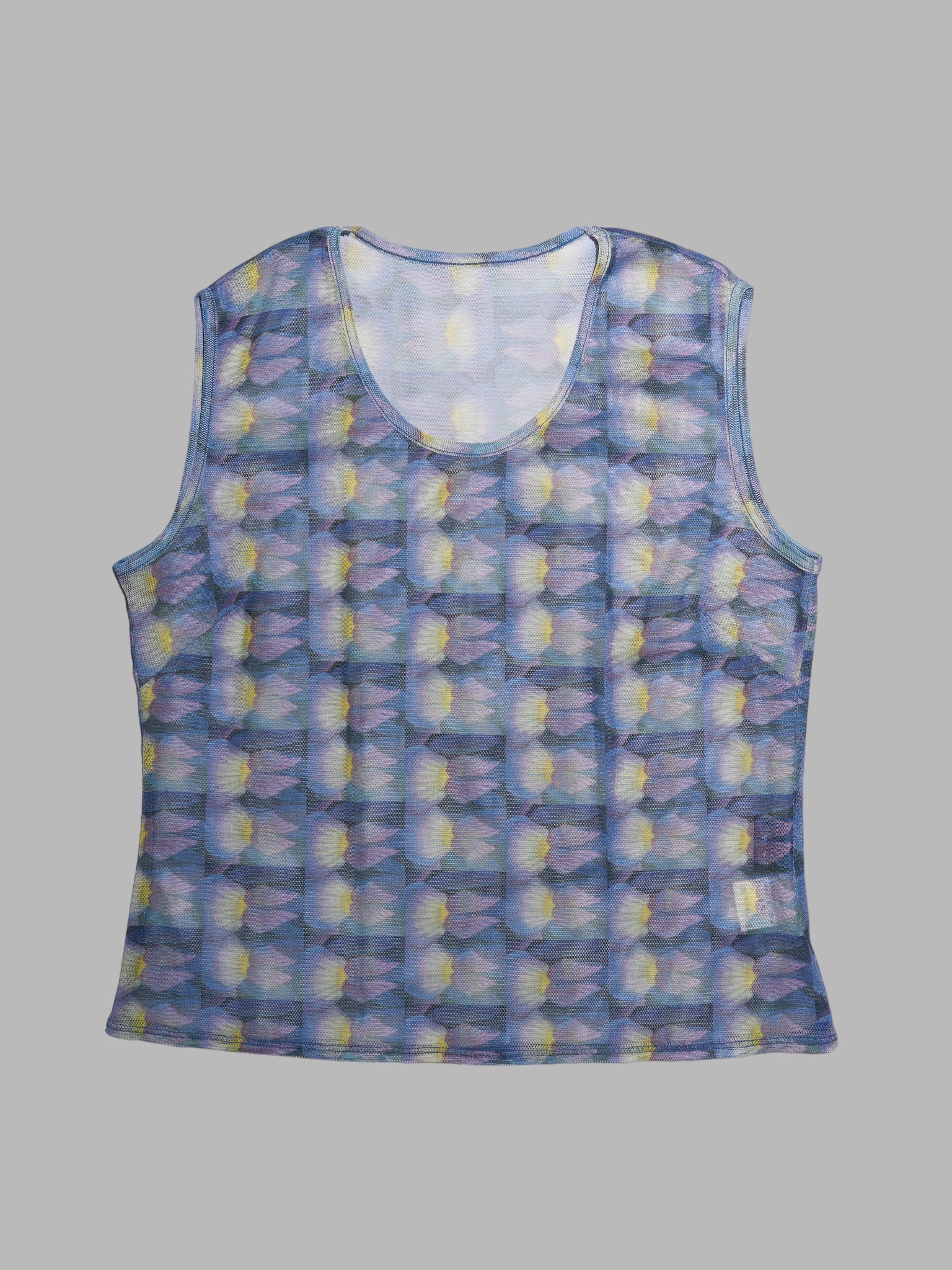 Wrinqle Inoue Pleats purple blue yellow shell pattern poly mesh sleeveless top