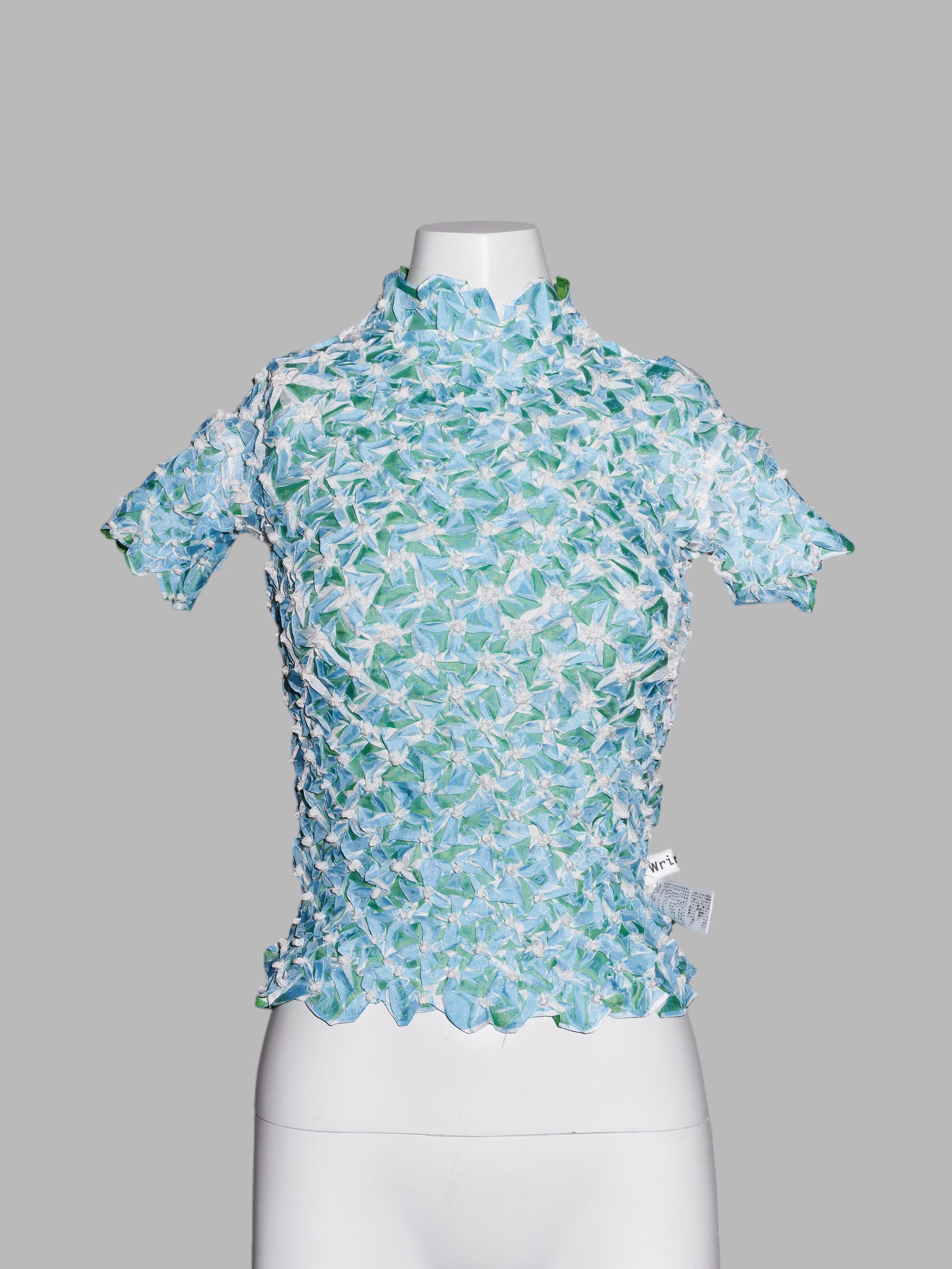Wrinqle Inoue Pleats green blue wrinkled polyester 3D high neck top