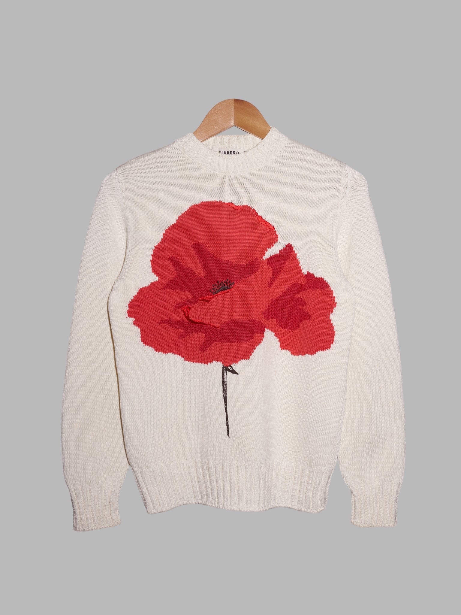 Iceberg cream knitted cotton mock neck jumper with red rose motif
