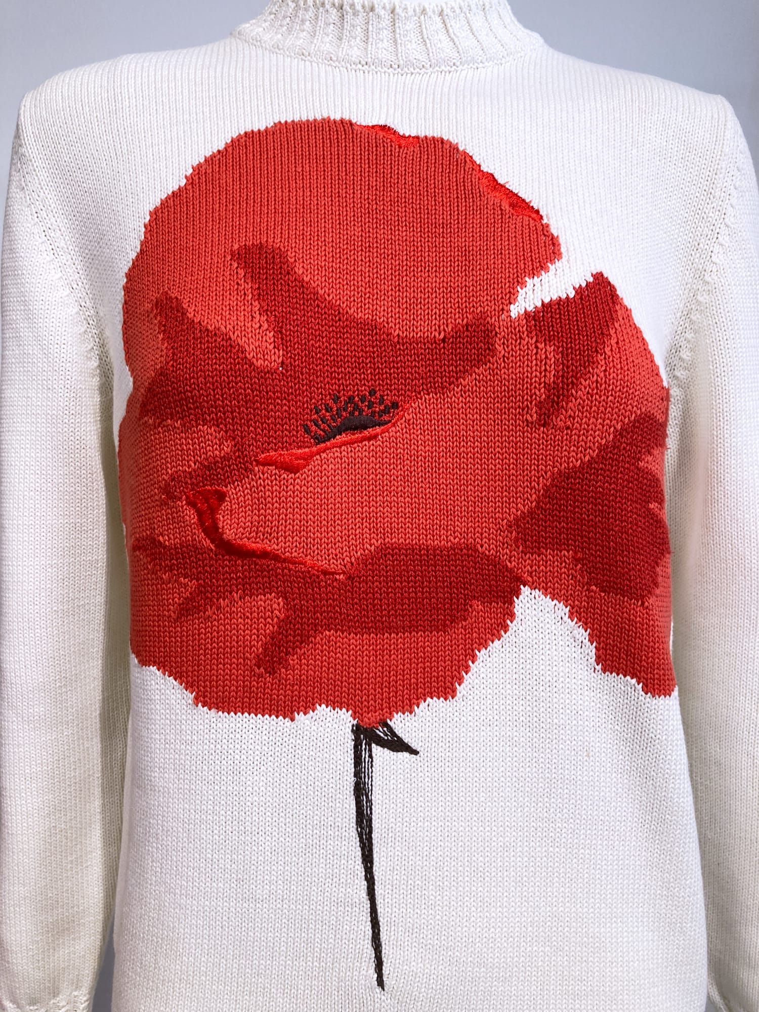 Iceberg cream knitted cotton mock neck jumper with red rose motif