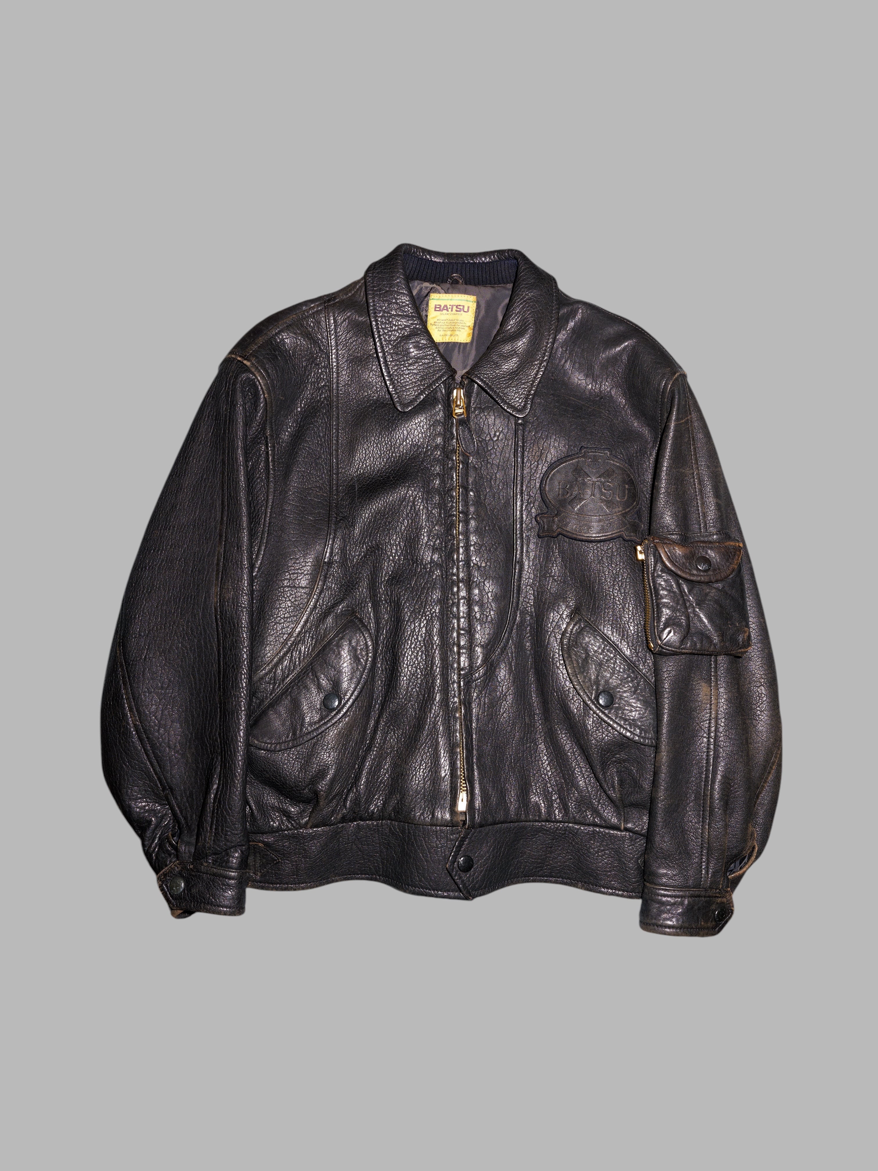 Ba-tsu 1980s distressed black or dark brown leather zip jacket