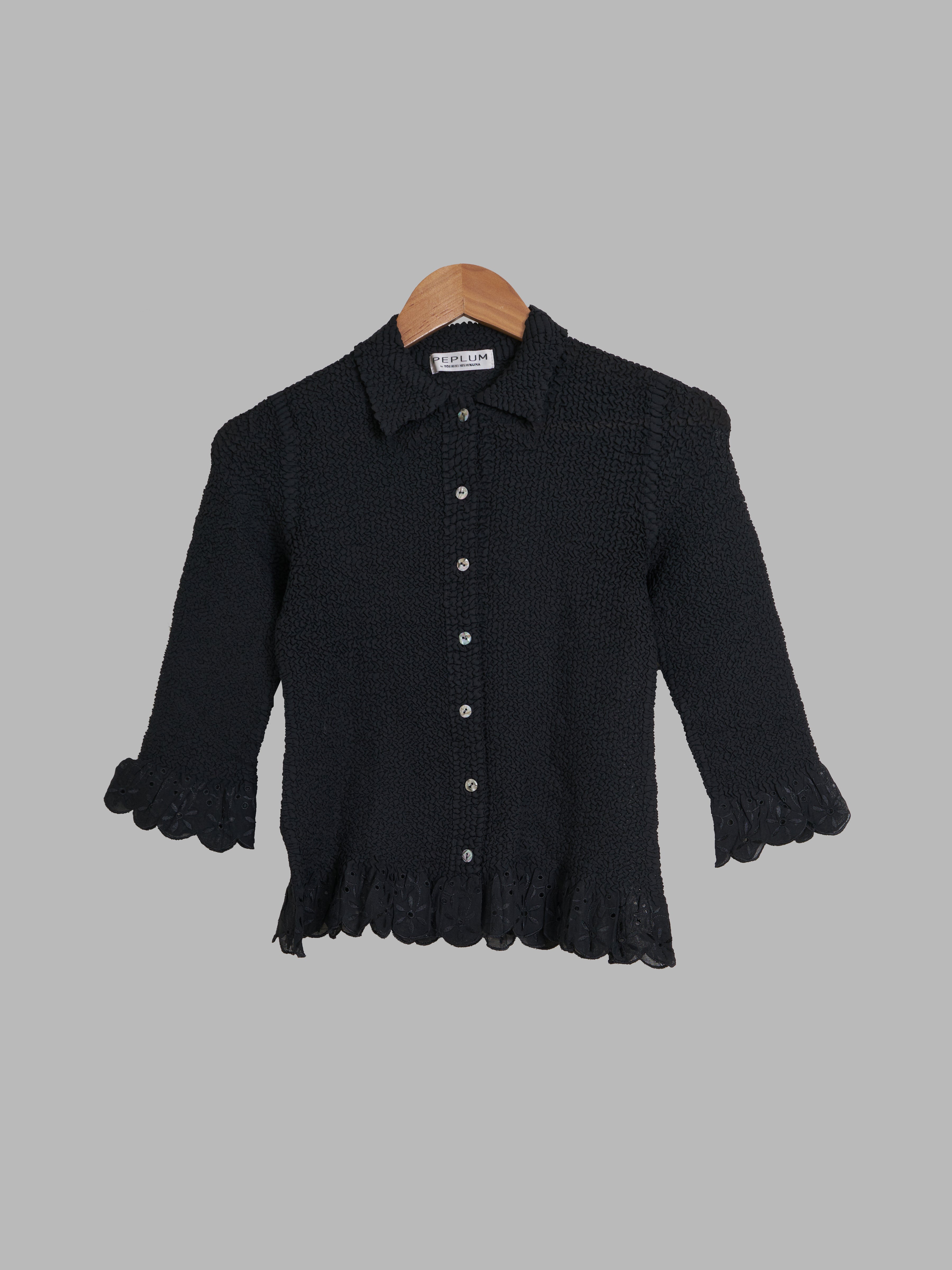 Yoshiki Hishinuma Peplum black wrinkled poly lace trim half sleeve shirt -  2 S