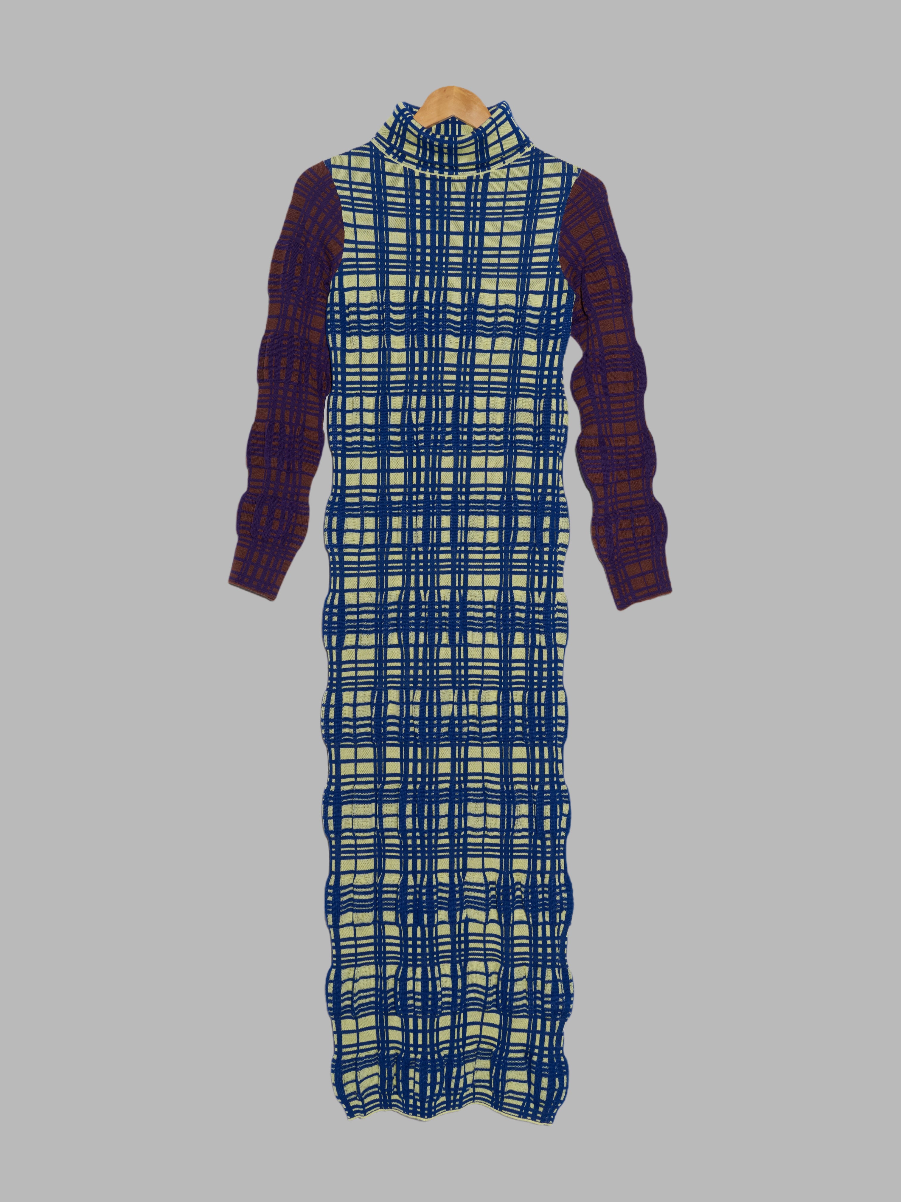 Kiko Kostadinov Woman AW2020 green blue tartan wool 3D knit column dress -  sz 36