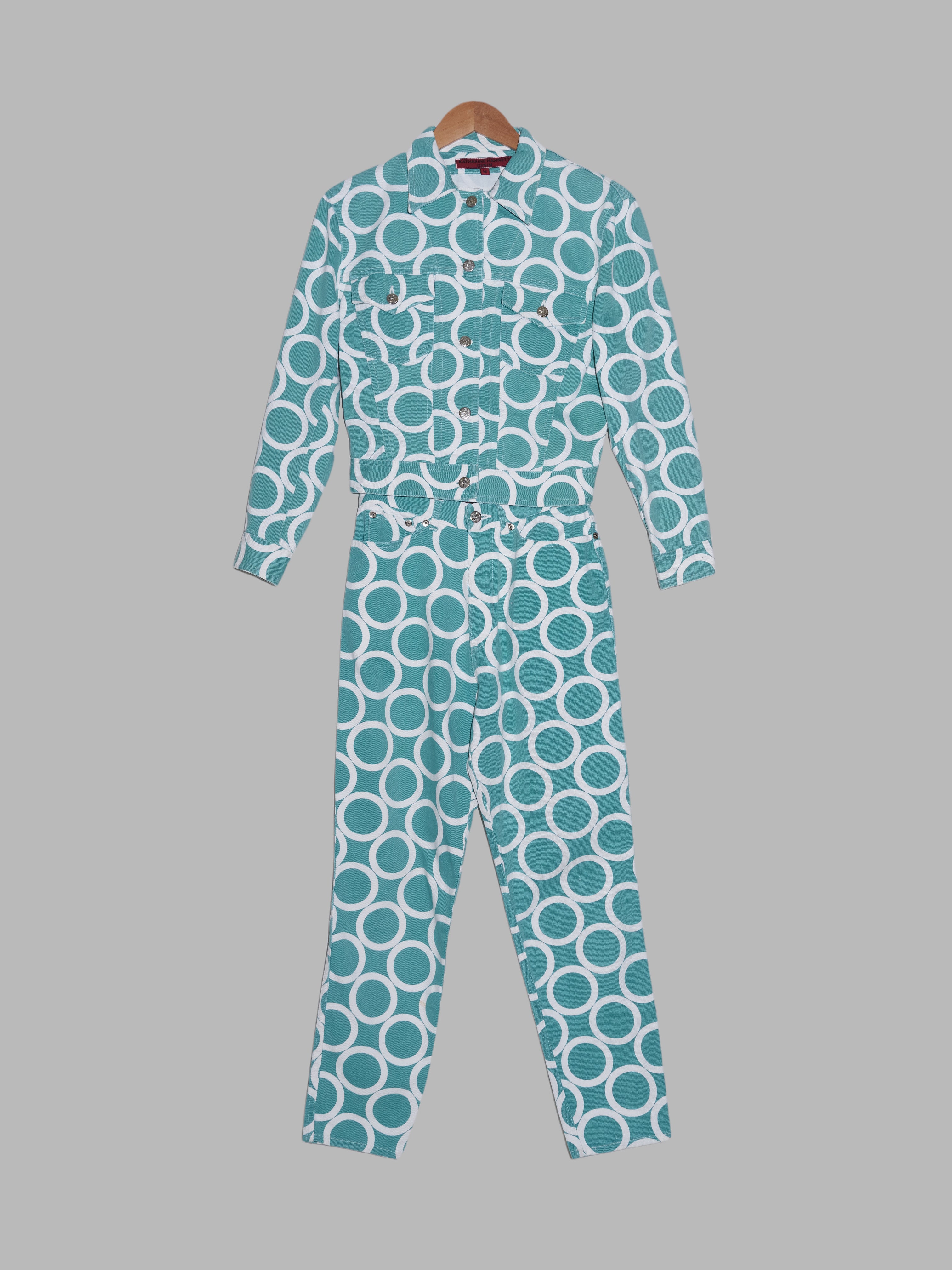 Katharine Hamnett Denim 1990s circle print denim jacket and jeans 