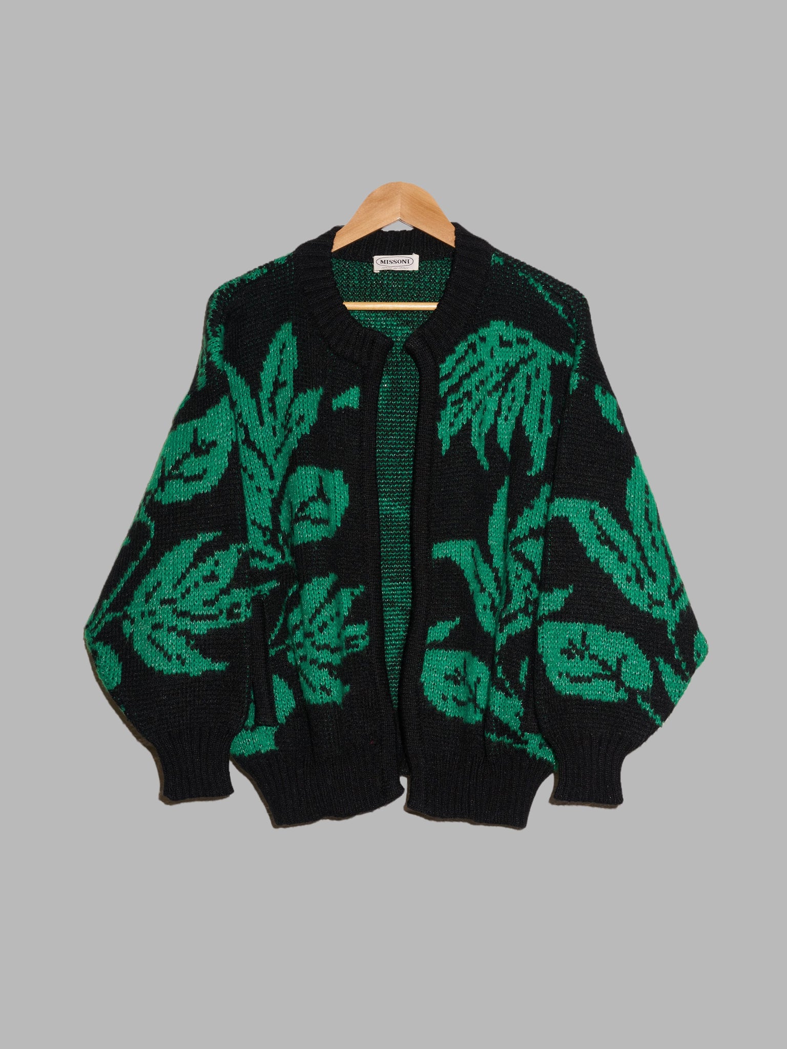 Missoni 1980s black green wool-acrylic leaf pattern open cardigan