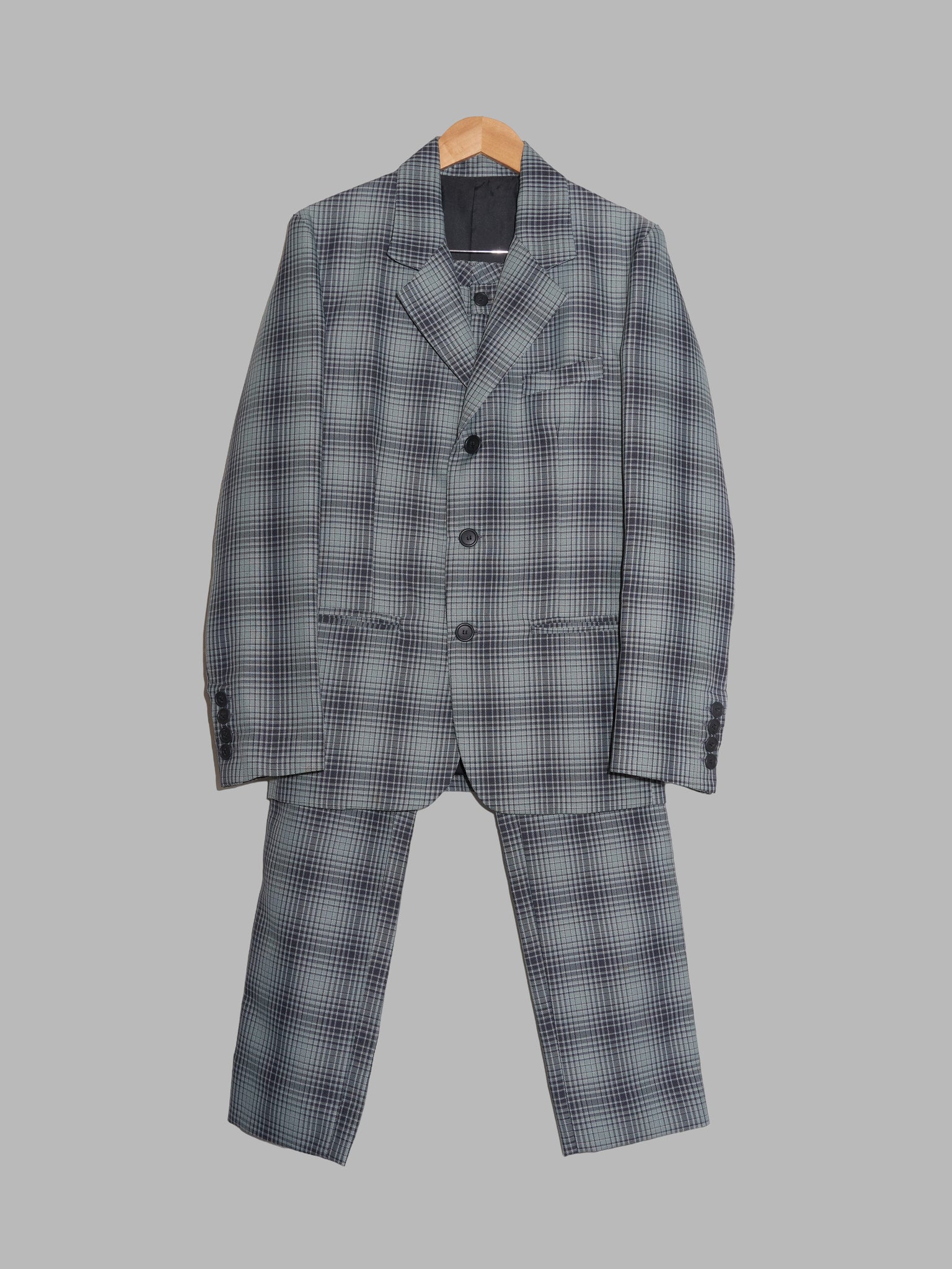 Jean Colonna 1990s blue grey polyester check three button trouser suit - S