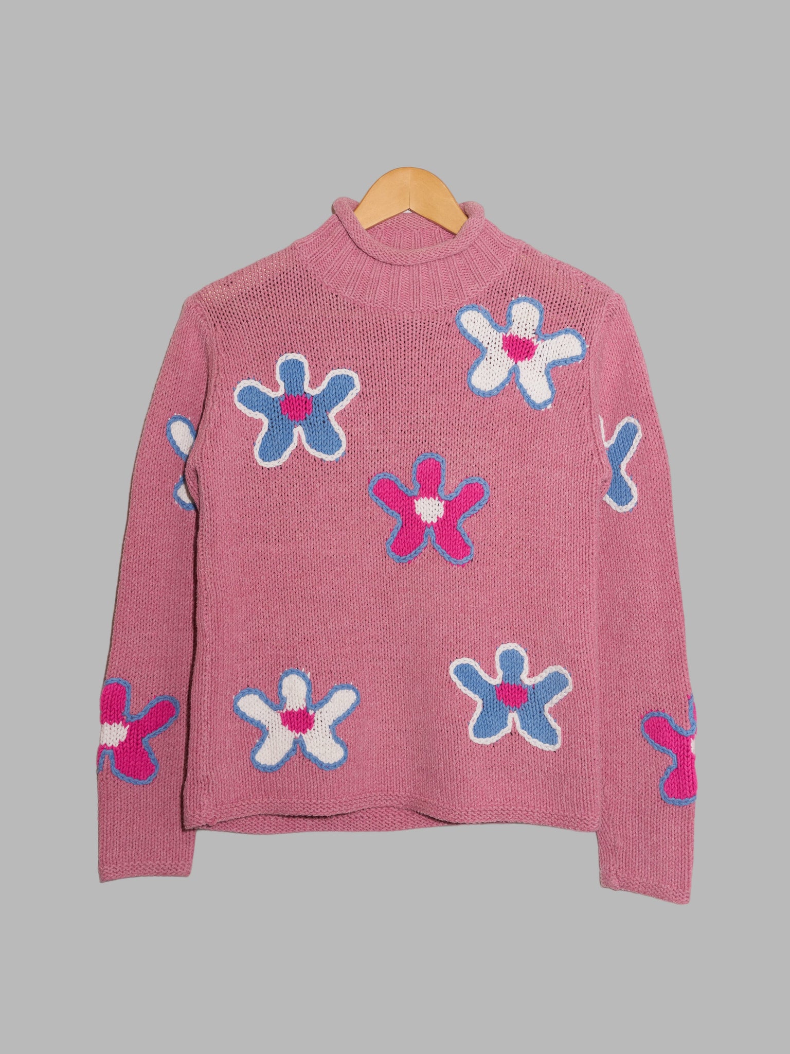 Patrick Cox Wannabe pink cotton blue and white flower mock neck jumper