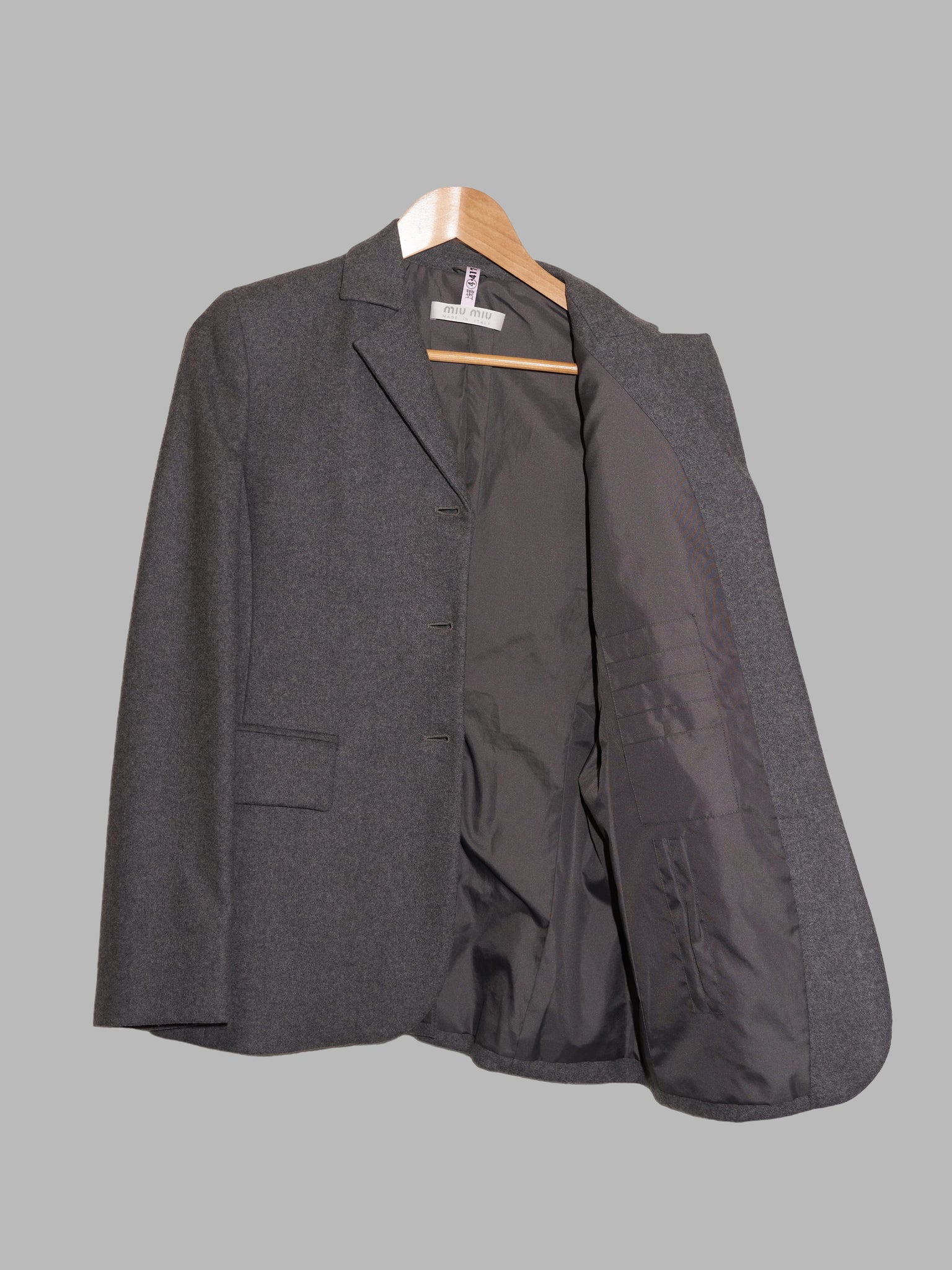 Miu Miu 1990s dark grey melton wool interior card pocket three button blazer 44