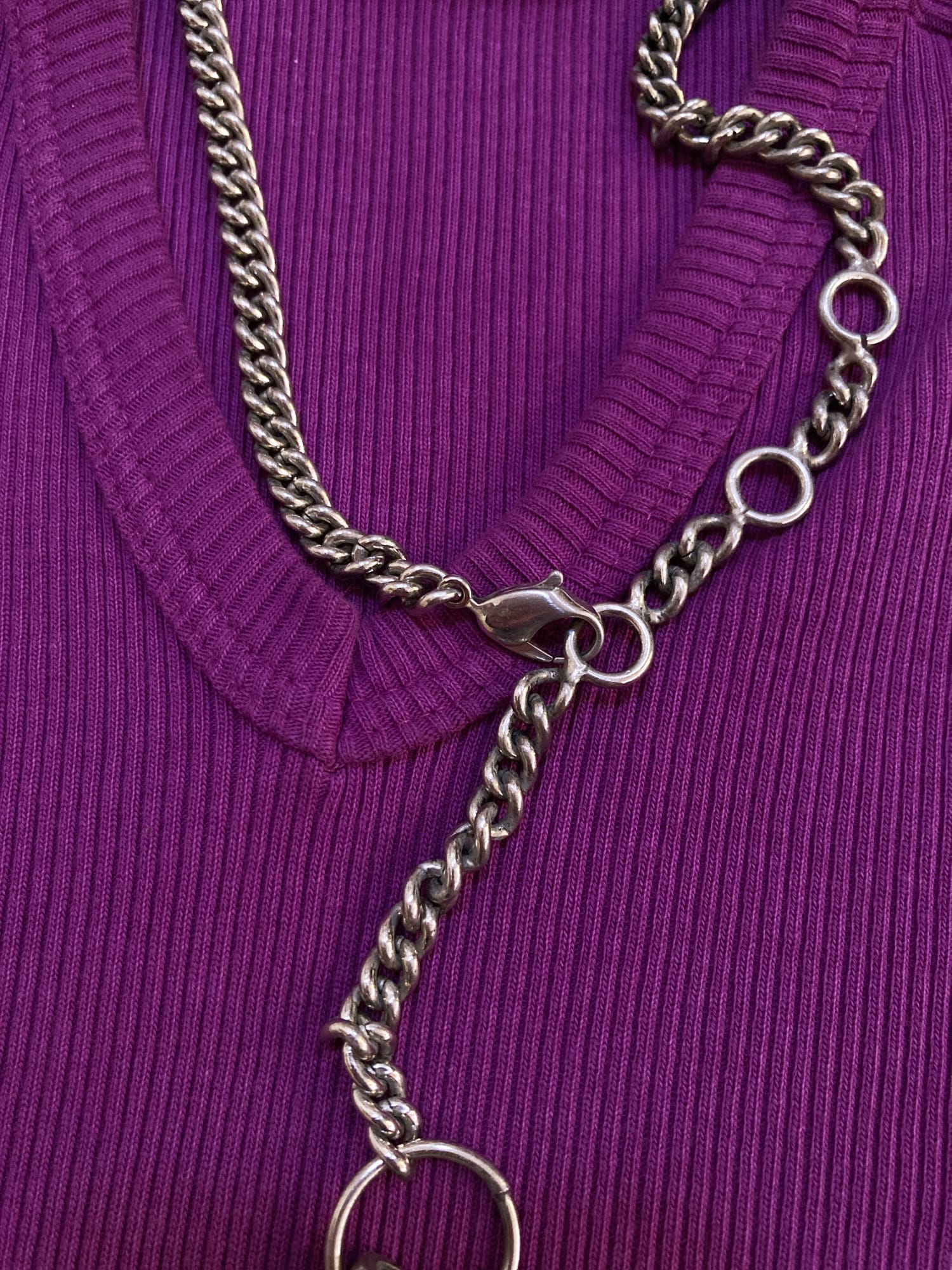 Dirk Bikkembergs winter 1996 purple rib knit sleeveless top with metal chain necklace