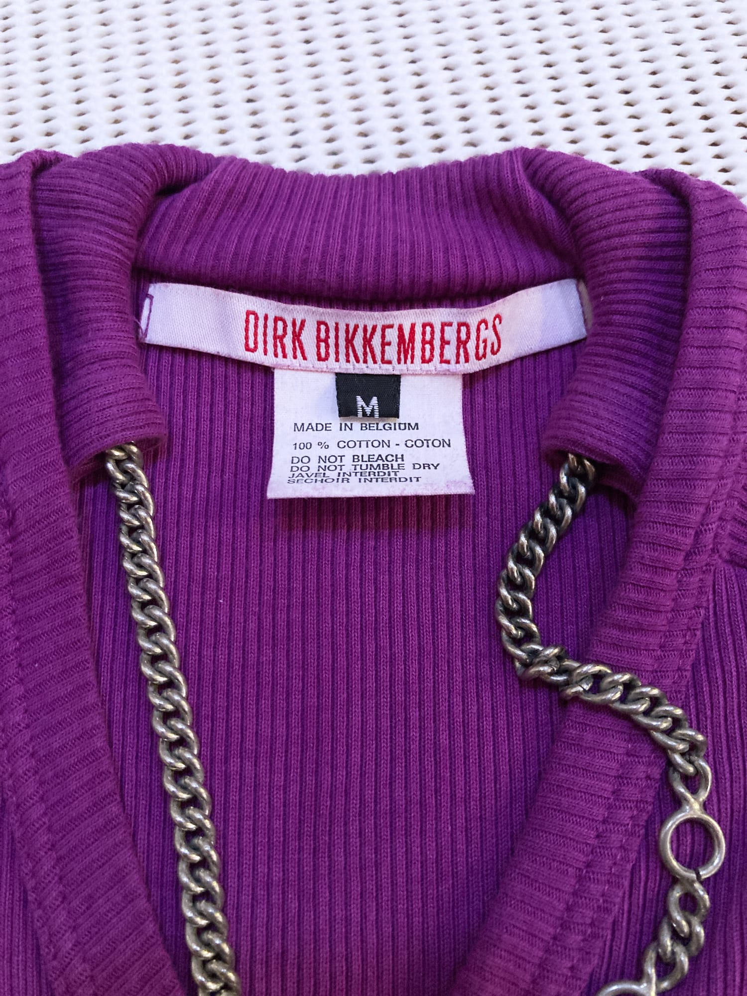Dirk Bikkembergs winter 1996 purple rib knit sleeveless top with metal chain necklace