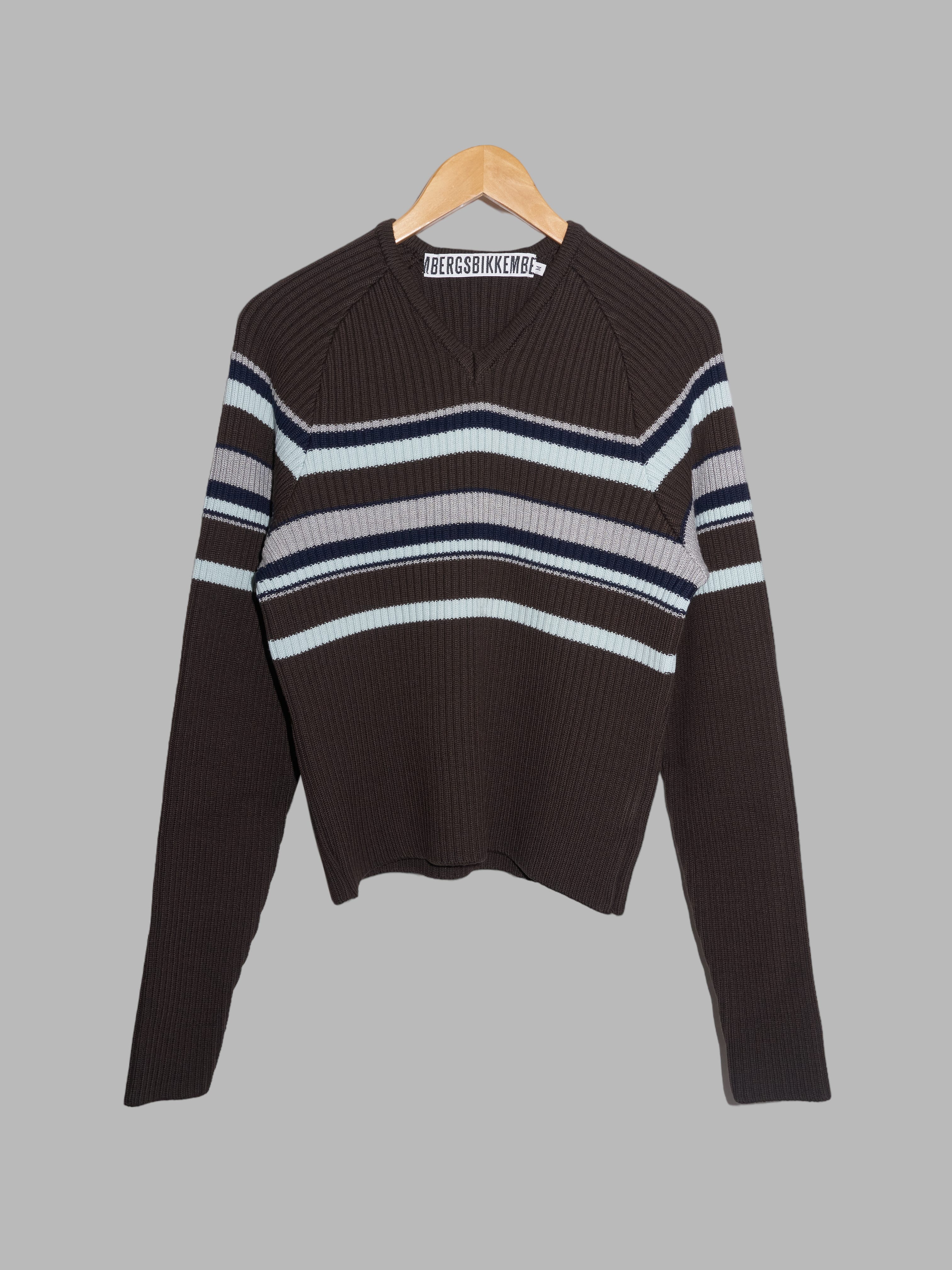 Dirk Bikkembergs brown wool rib knit striped v-neck jumper