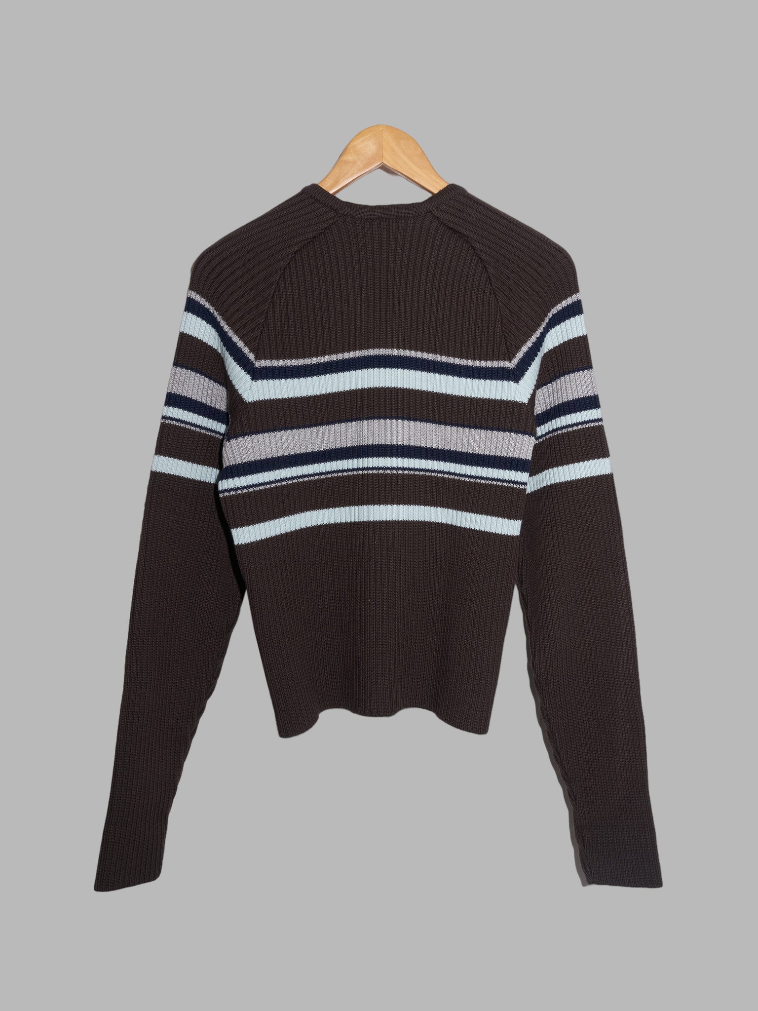 Dirk Bikkembergs brown wool rib knit striped v-neck jumper - M