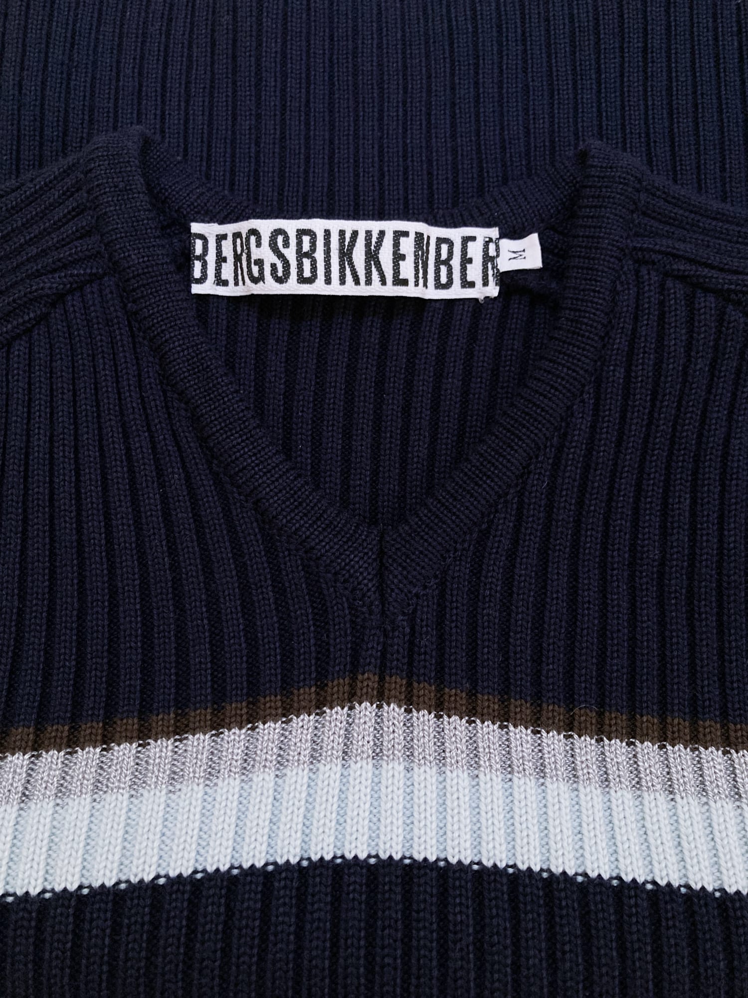 Dirk Bikkembergs navy wool rib knit striped v-neck jumper – Filter