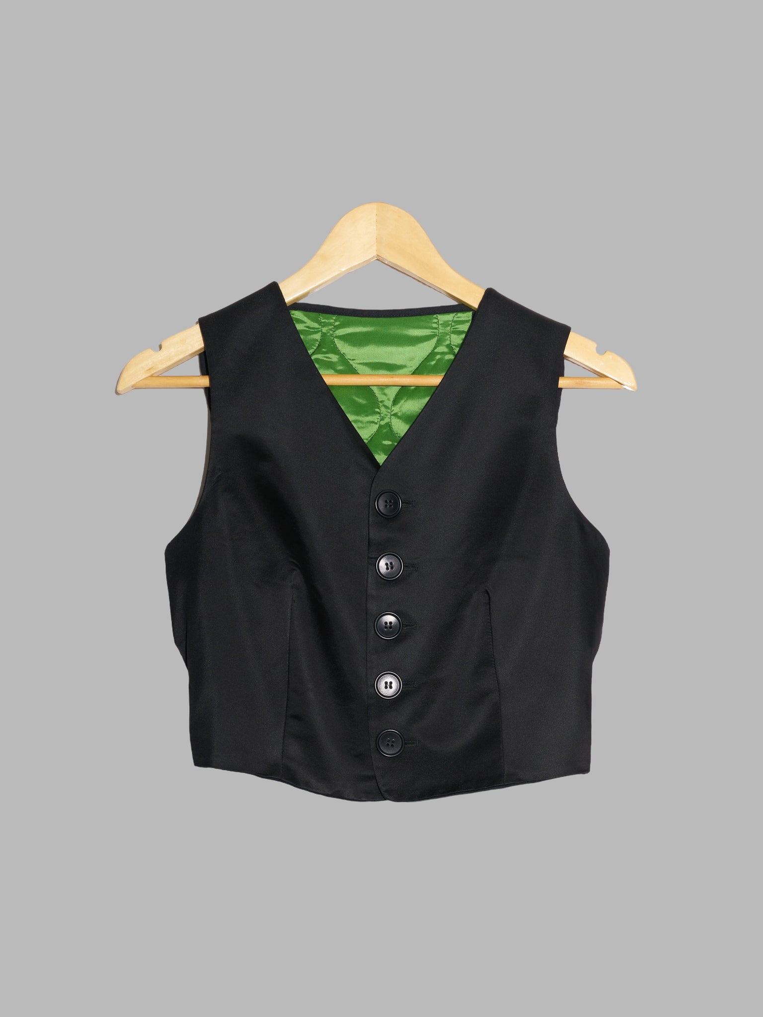Dirk Bikkembergs 1990s quilted black satin waistcoat with green reversible back
