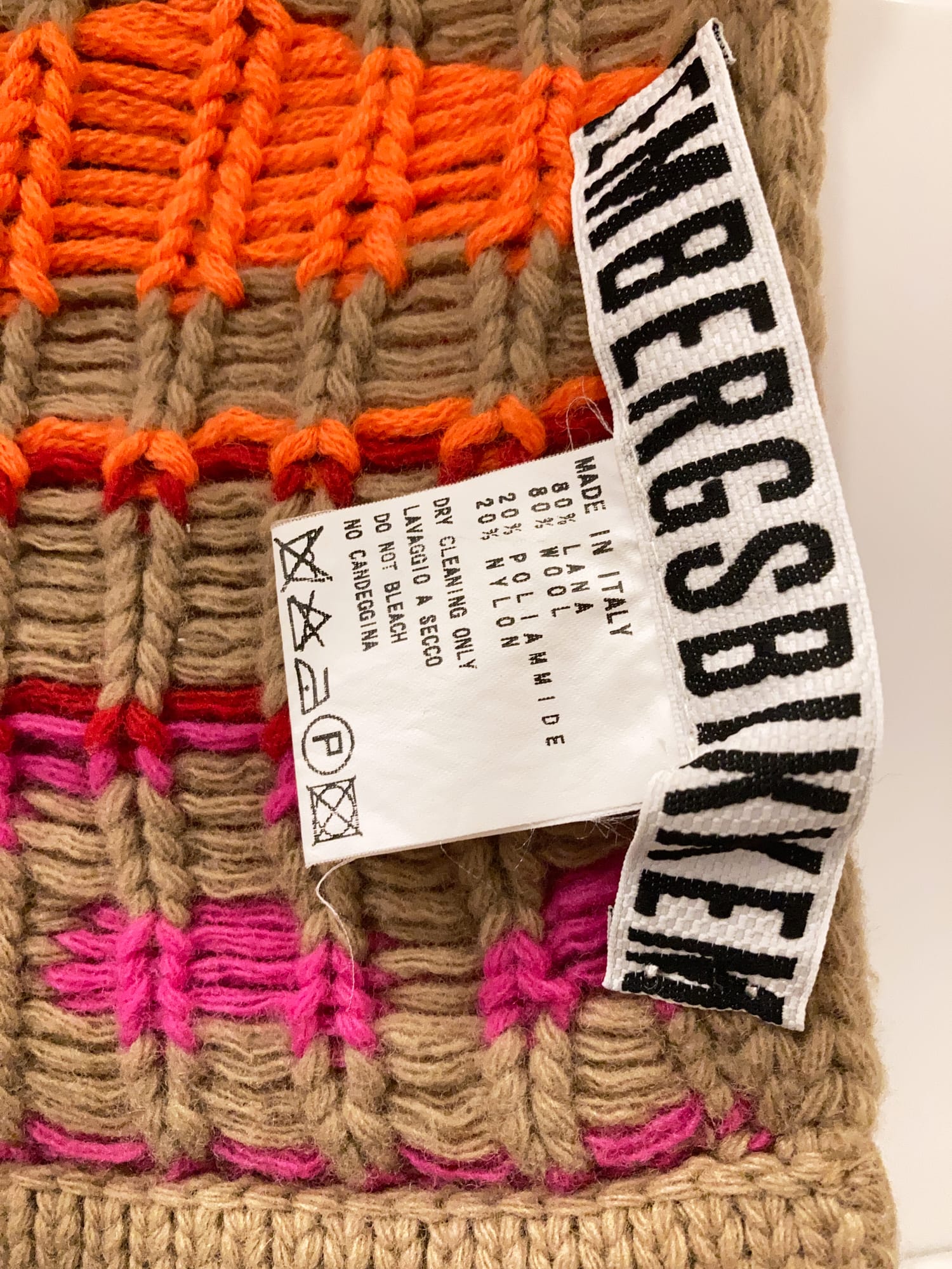 Dirk Bikkembergs beige wool knitted scarf with fluorescent “BIKK” lettering