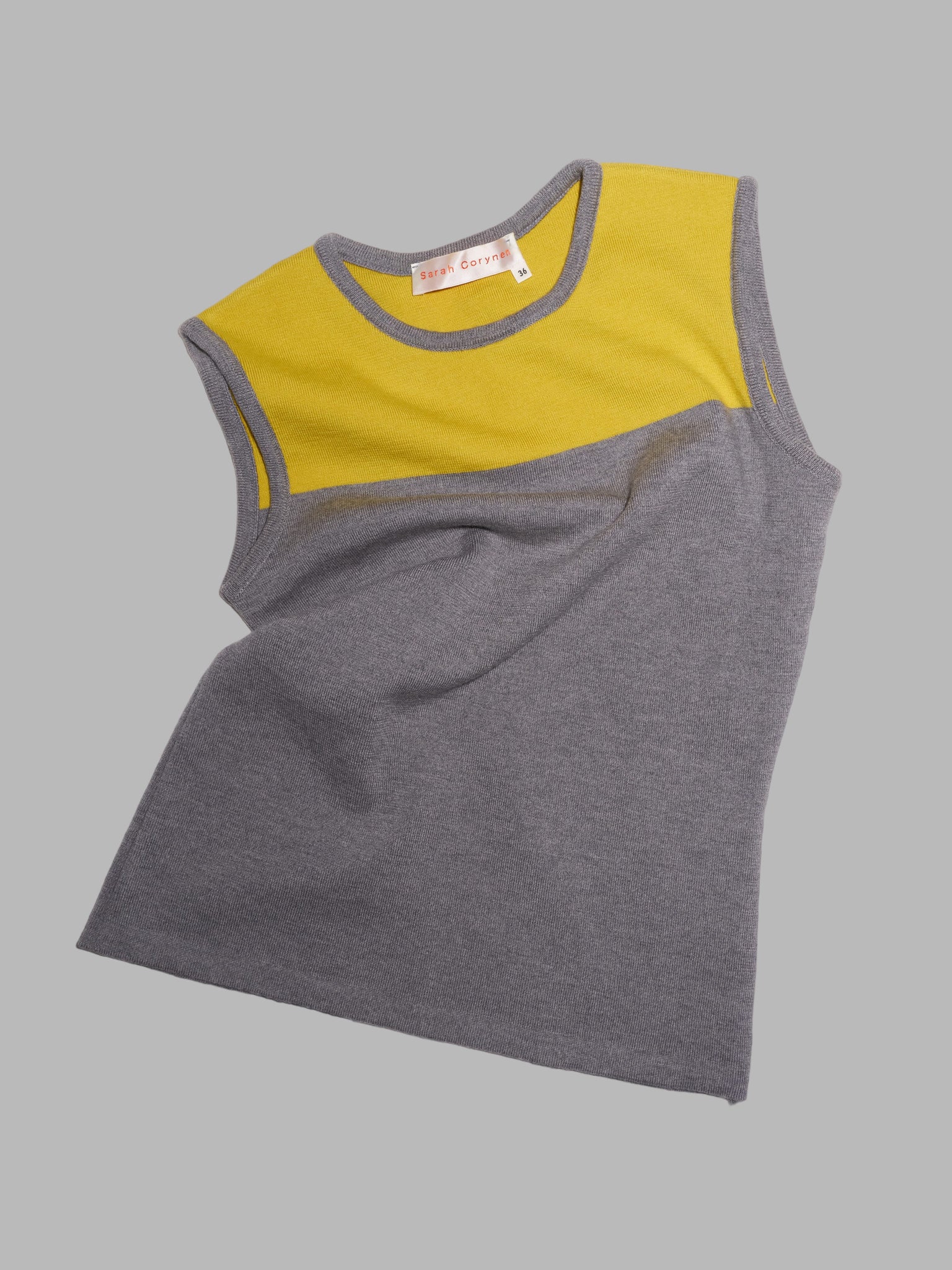 Sarah Corynen yellow and grey knitted wool vest