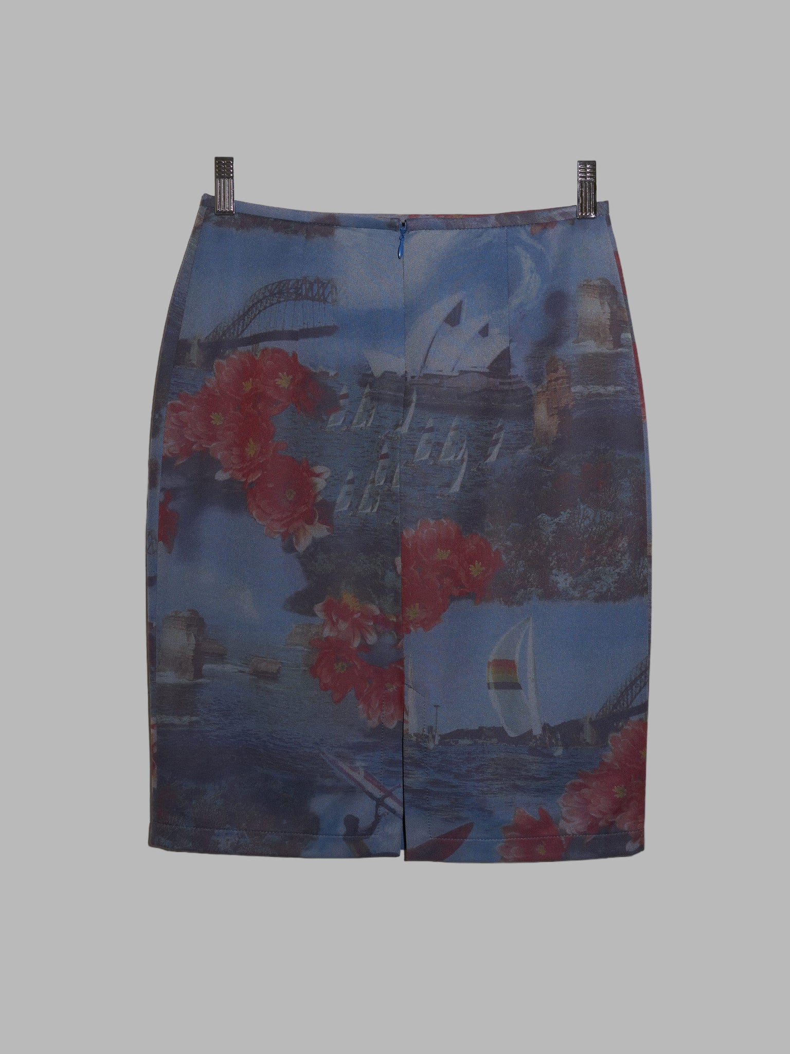 Mariella Burani blue stretch cotton sydney harbour print knee length skirt
