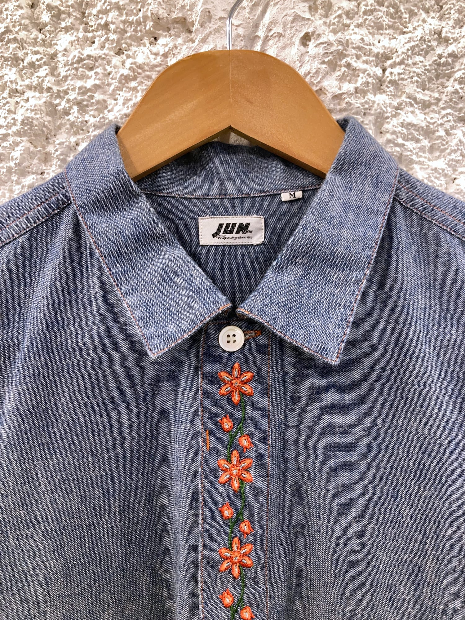 Jun Men 1990s blue chambray shirt with floral embroidered placket - M