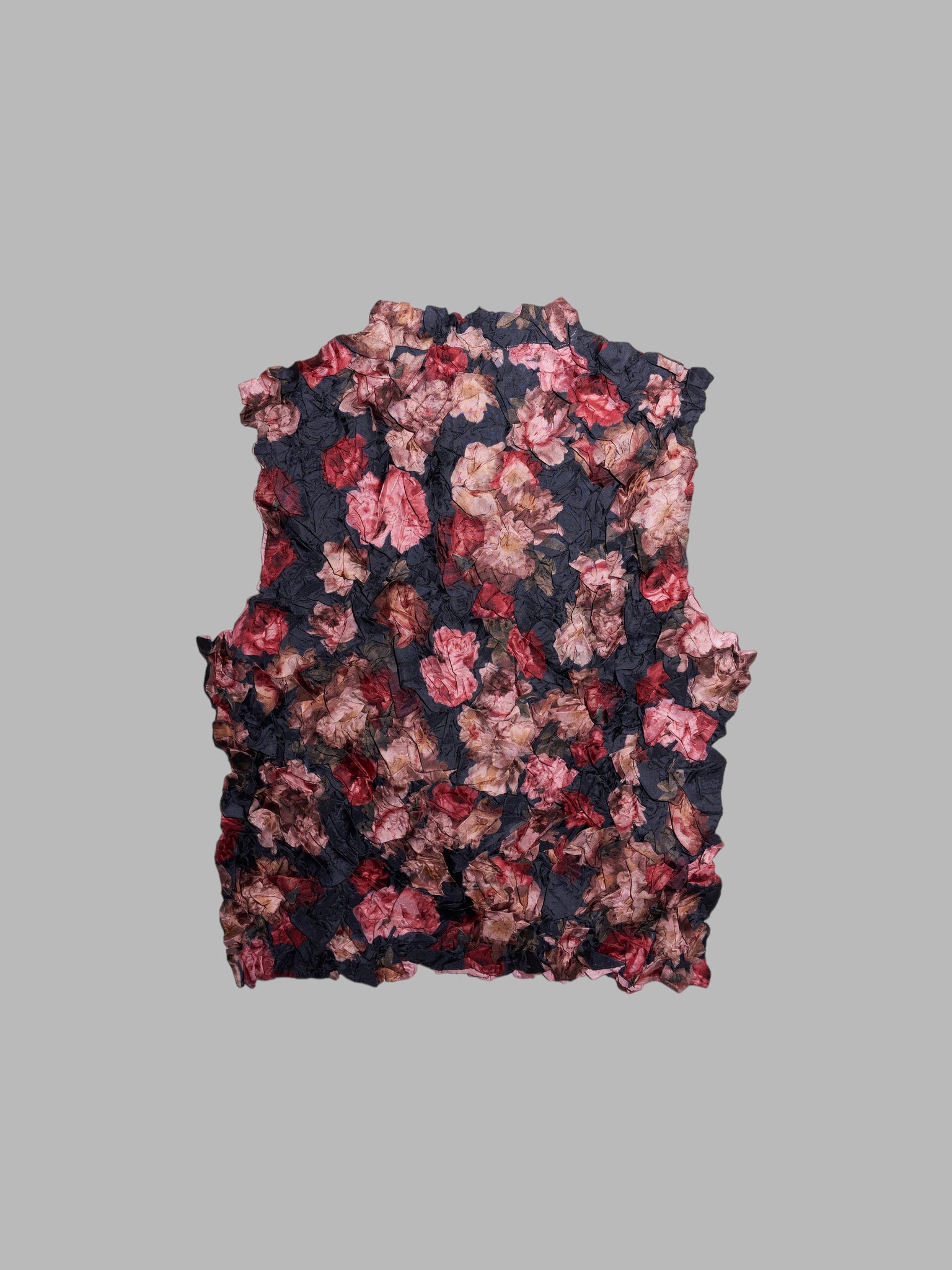 Wrinqle Inoue Pleats reversible pink black floral print wrinkled polyester vest