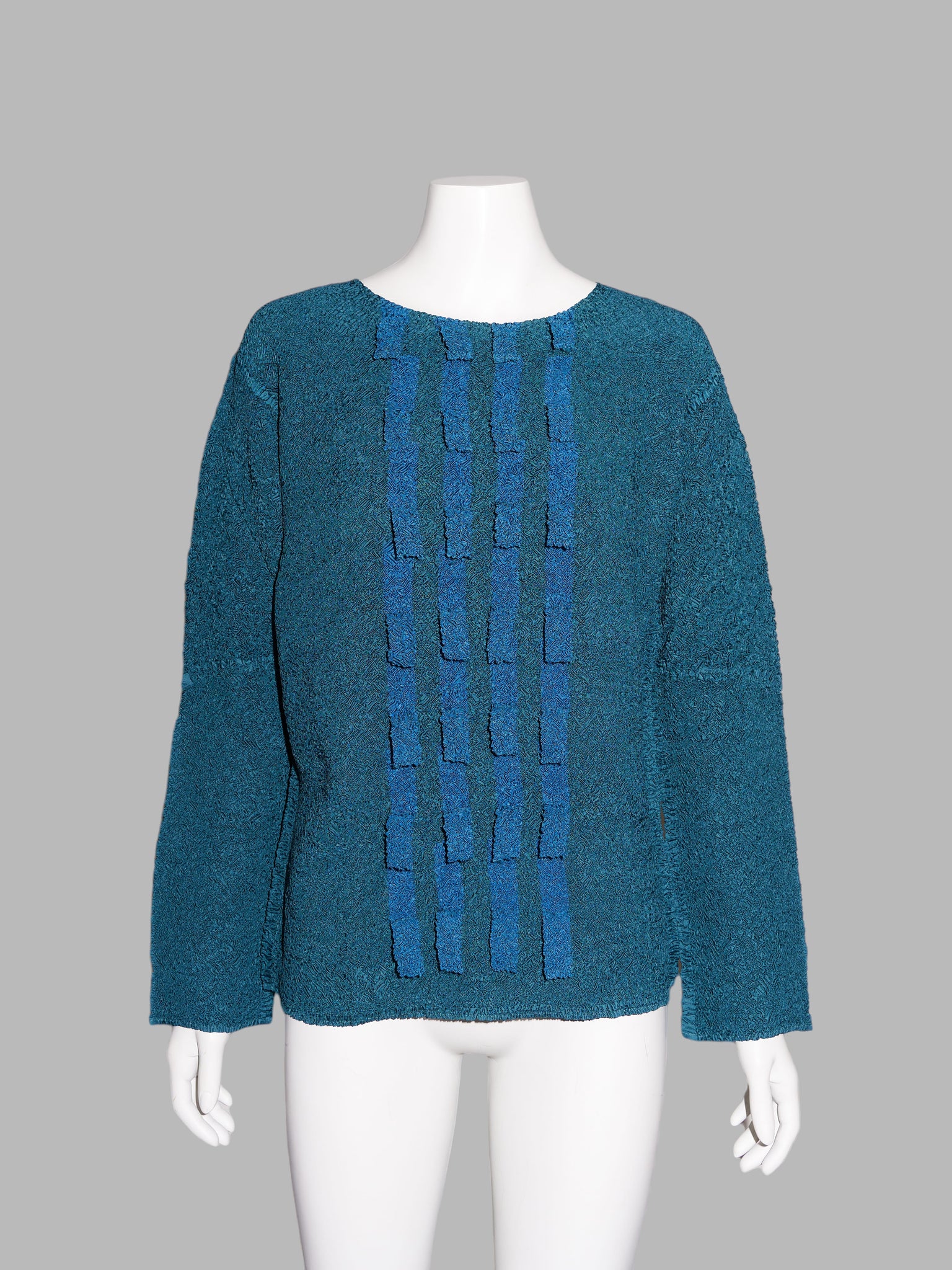 Wrinqle Inoue Pleats teal wrinkled poly long sleeve top with 3D layered strips
