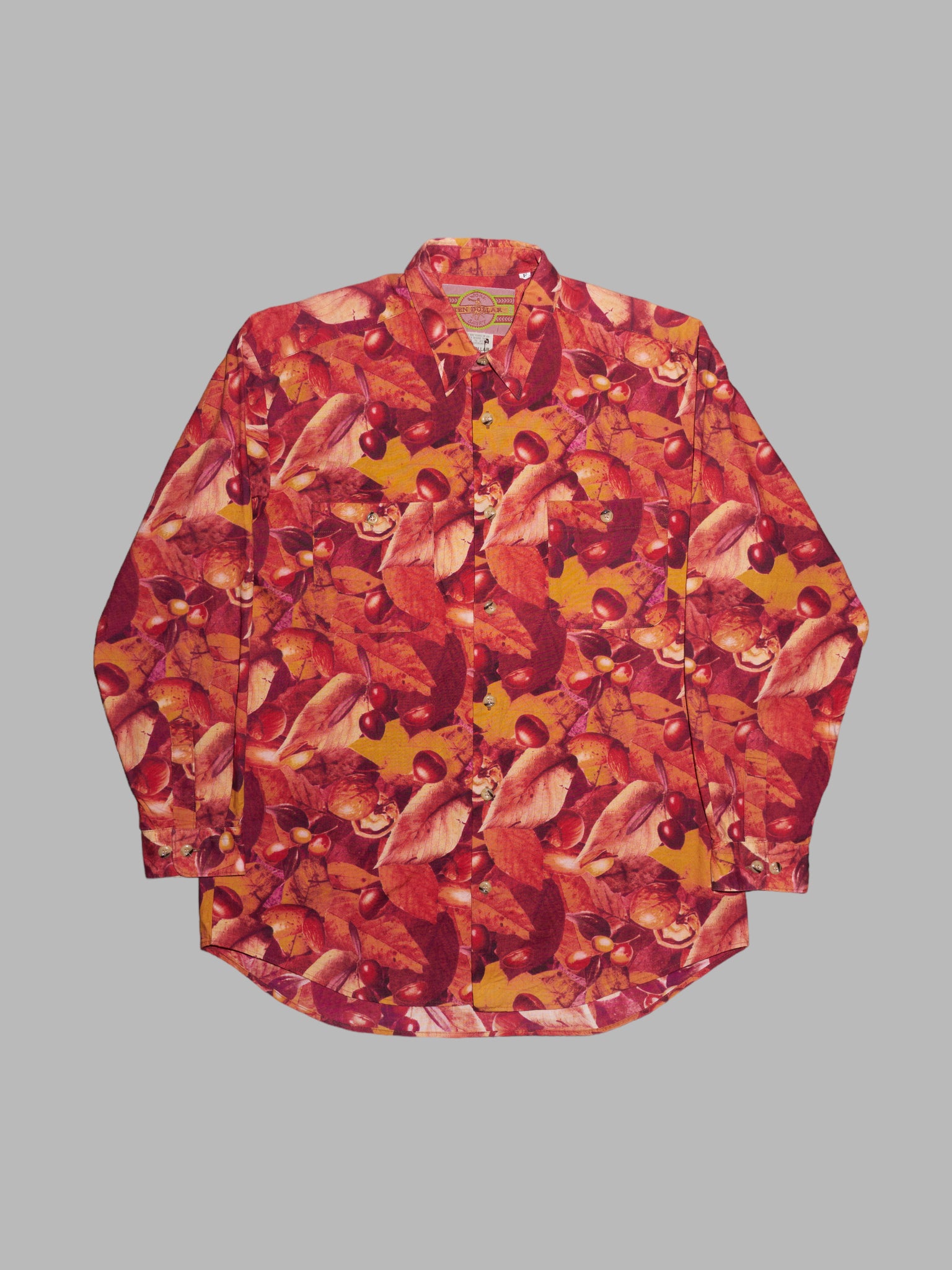 Vintage Ten Dollar red and orange cotton leaf print shirt