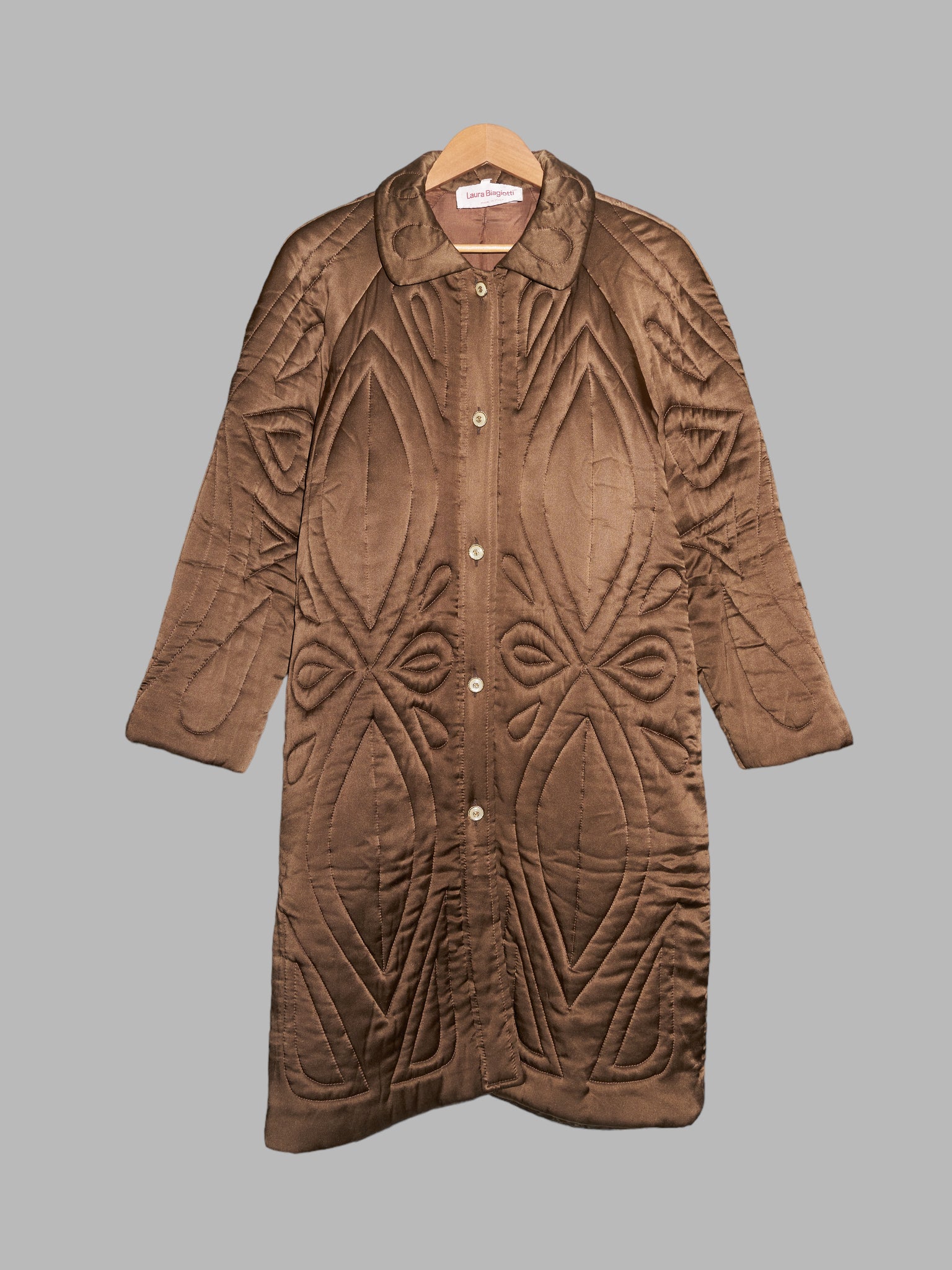 Laura Biagiotti 1980s brown silk coat with decorative quilting