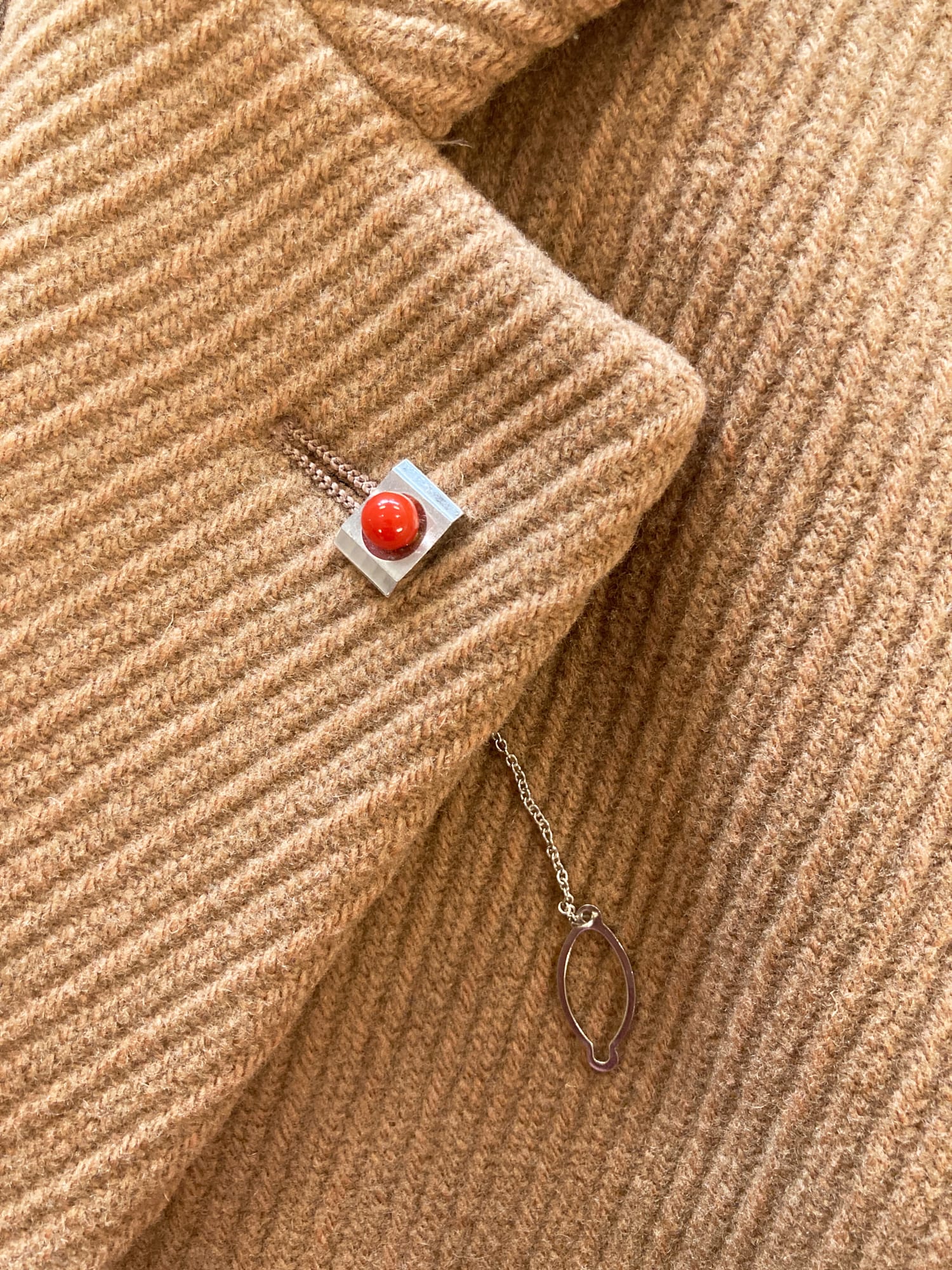 Byblos 1990s light brown wool chesterfield coat with lapel pin 