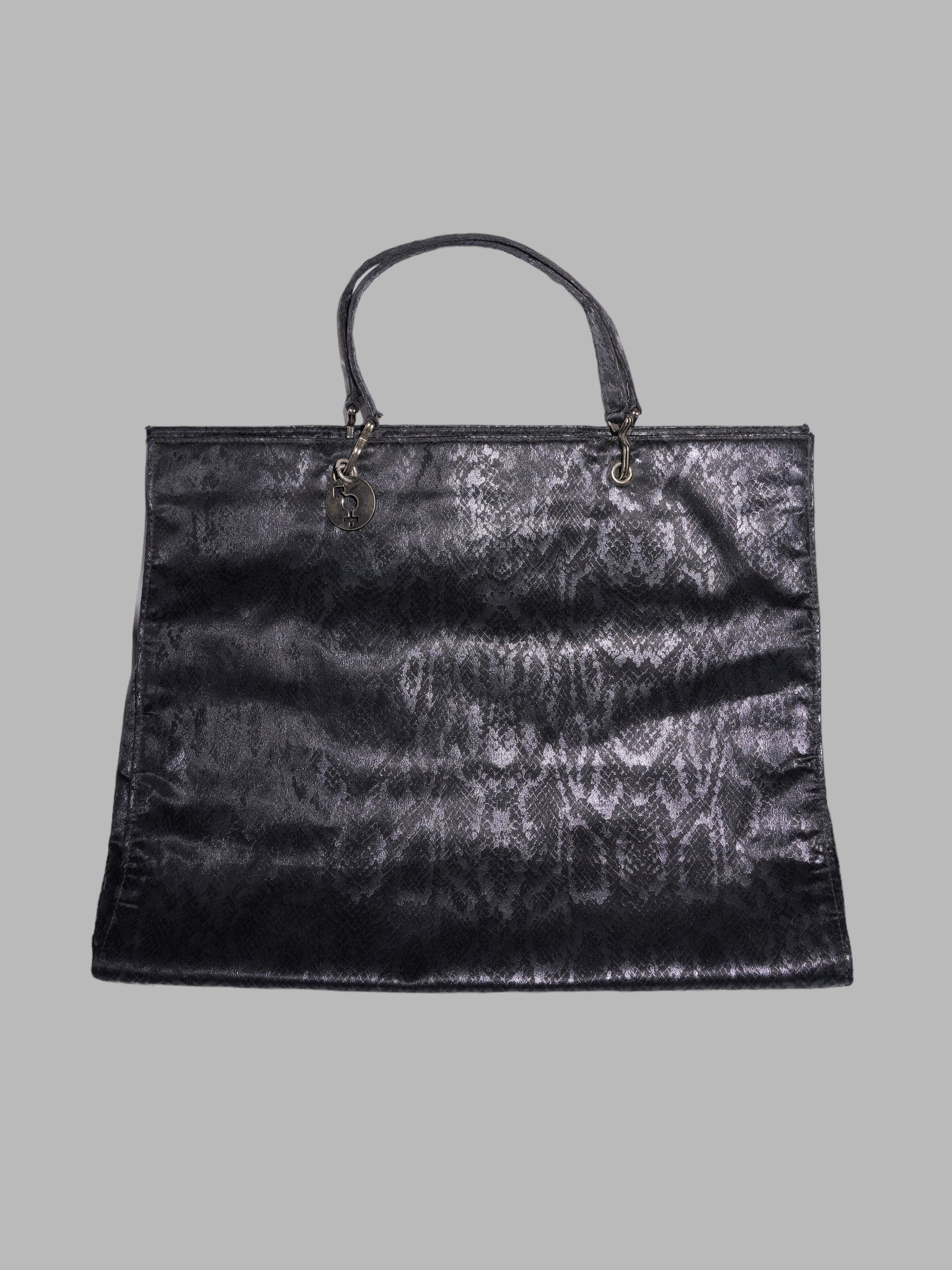 Jean Colonna 1990s large sheeny black snakeskin pattern fabric tote bag