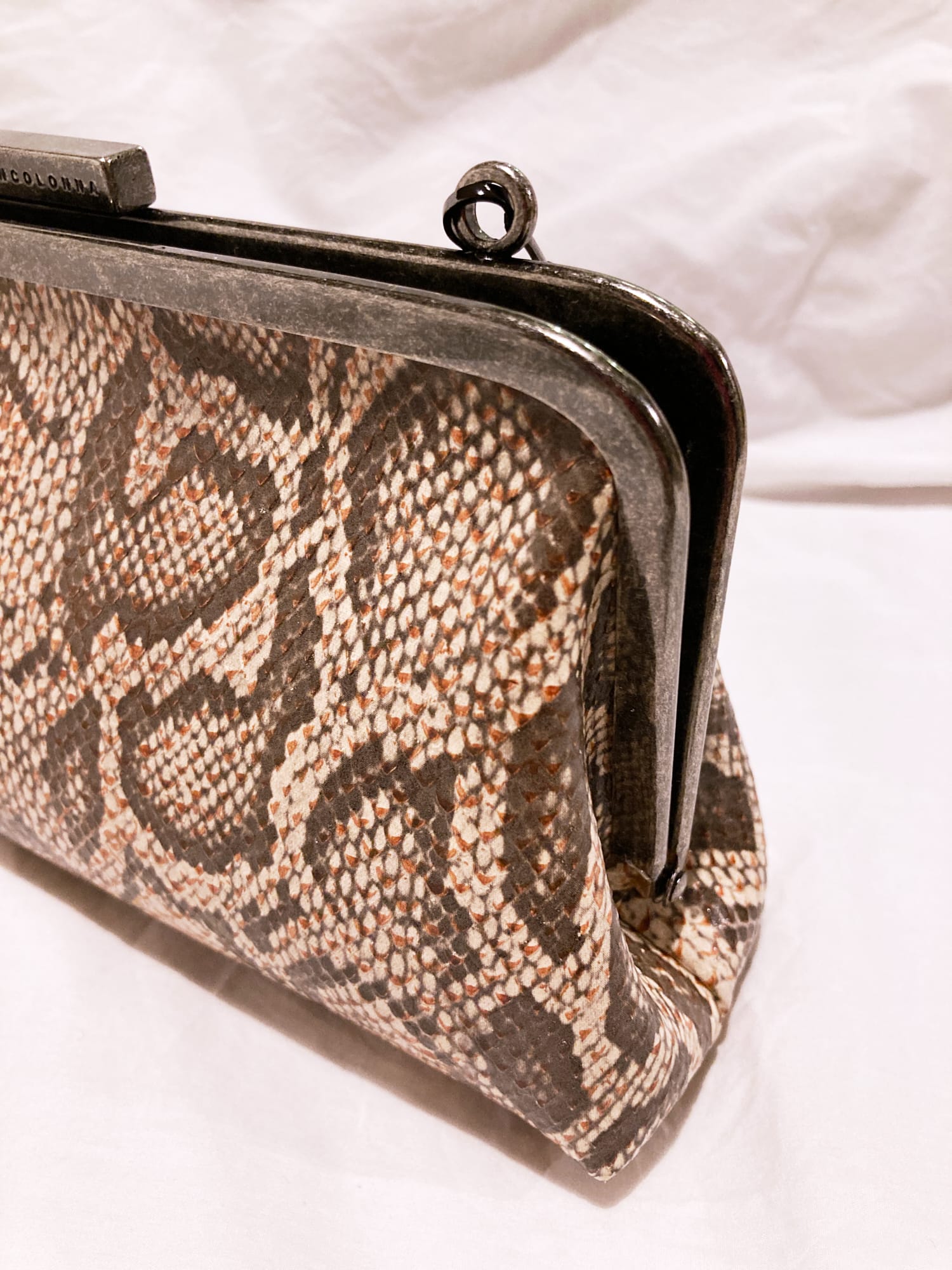 Jean Colonna small brown embossed vinyl snakeskin pattern chain strap party bag