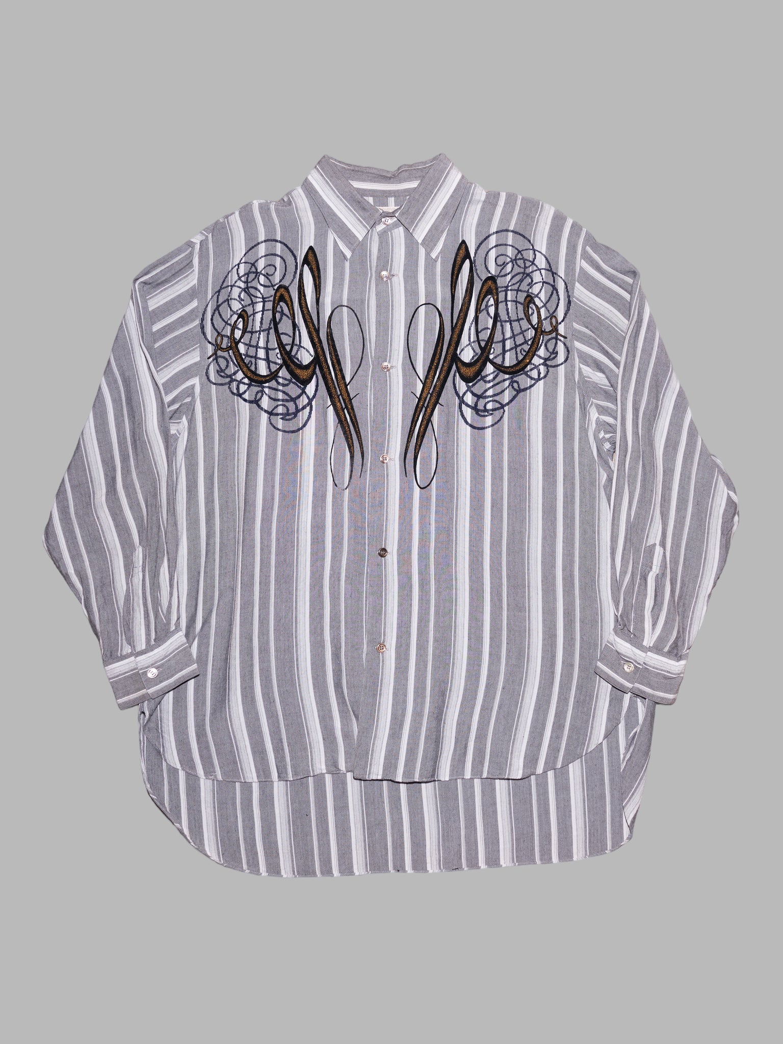 Pashu Shin Hosokawa 1980s grey striped shirt with flocked velvet cursive P