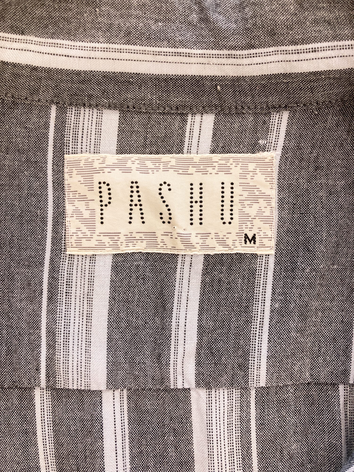 Pashu Shin Hosokawa 1980s grey striped shirt with flocked velvet cursive P