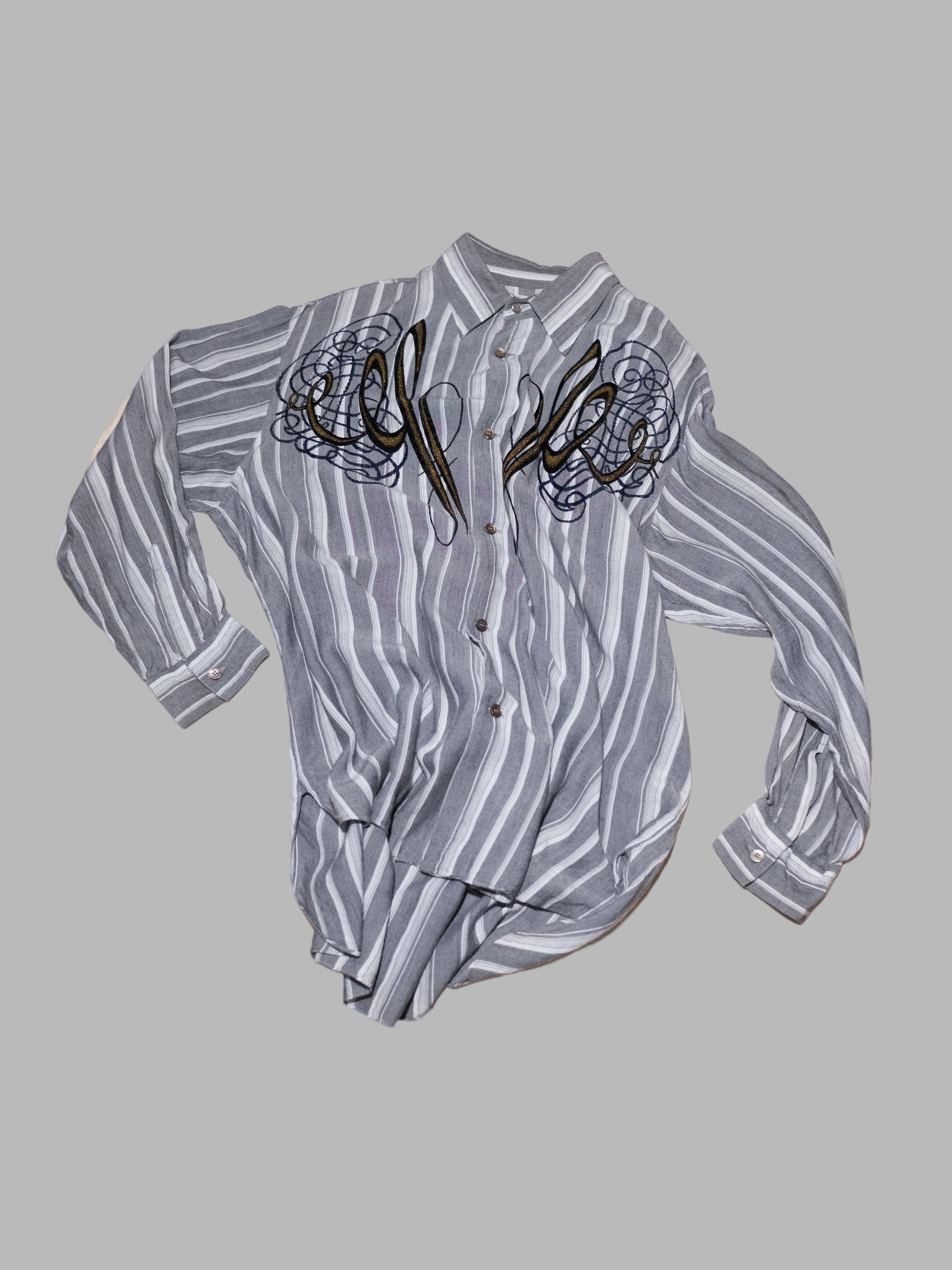 Pashu Shin Hosokawa 1980s grey striped shirt with flocked velvet cursive P