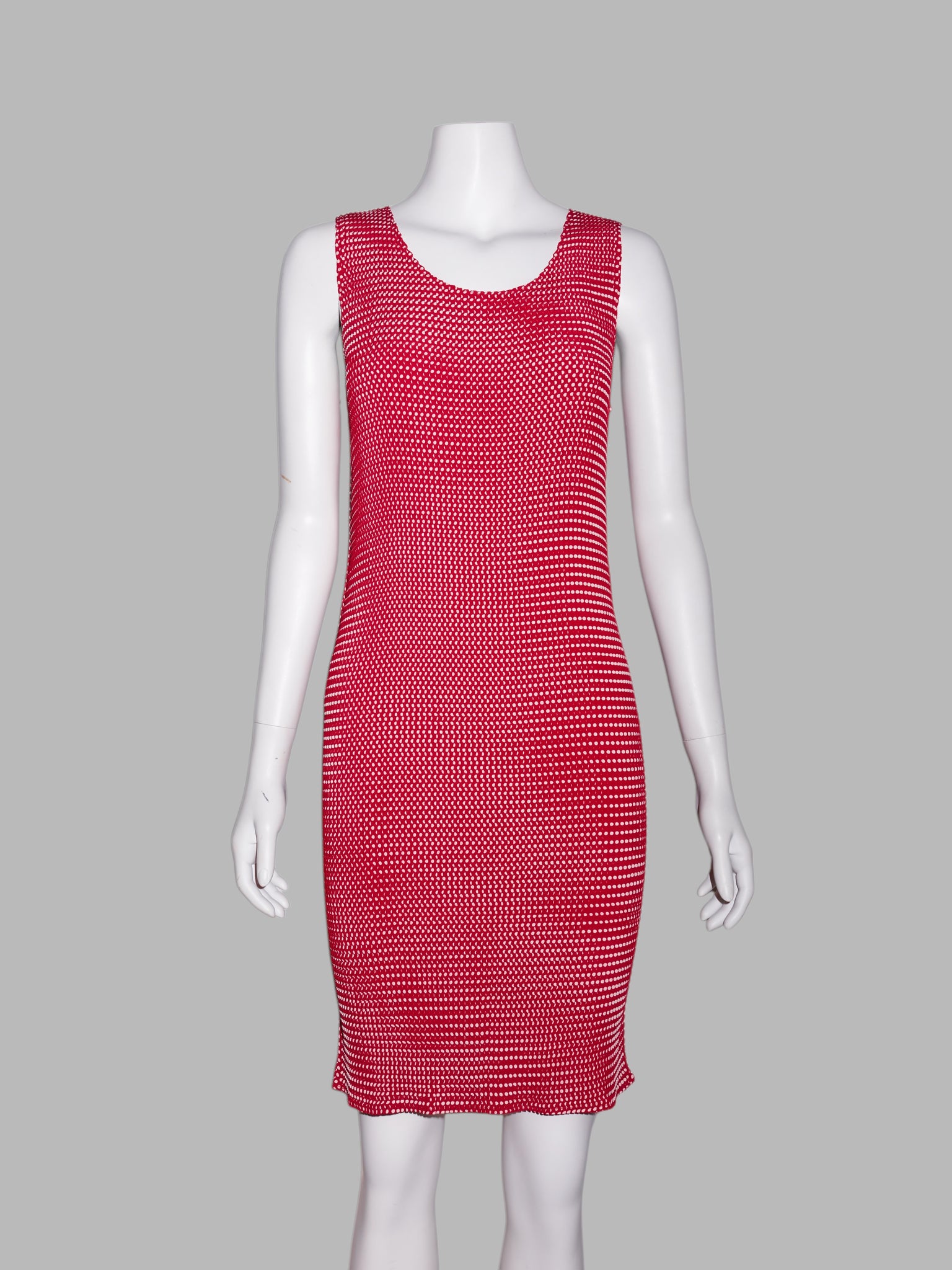 Issey Miyake 1990s spotted red and white pleated polyester sleeveless dress