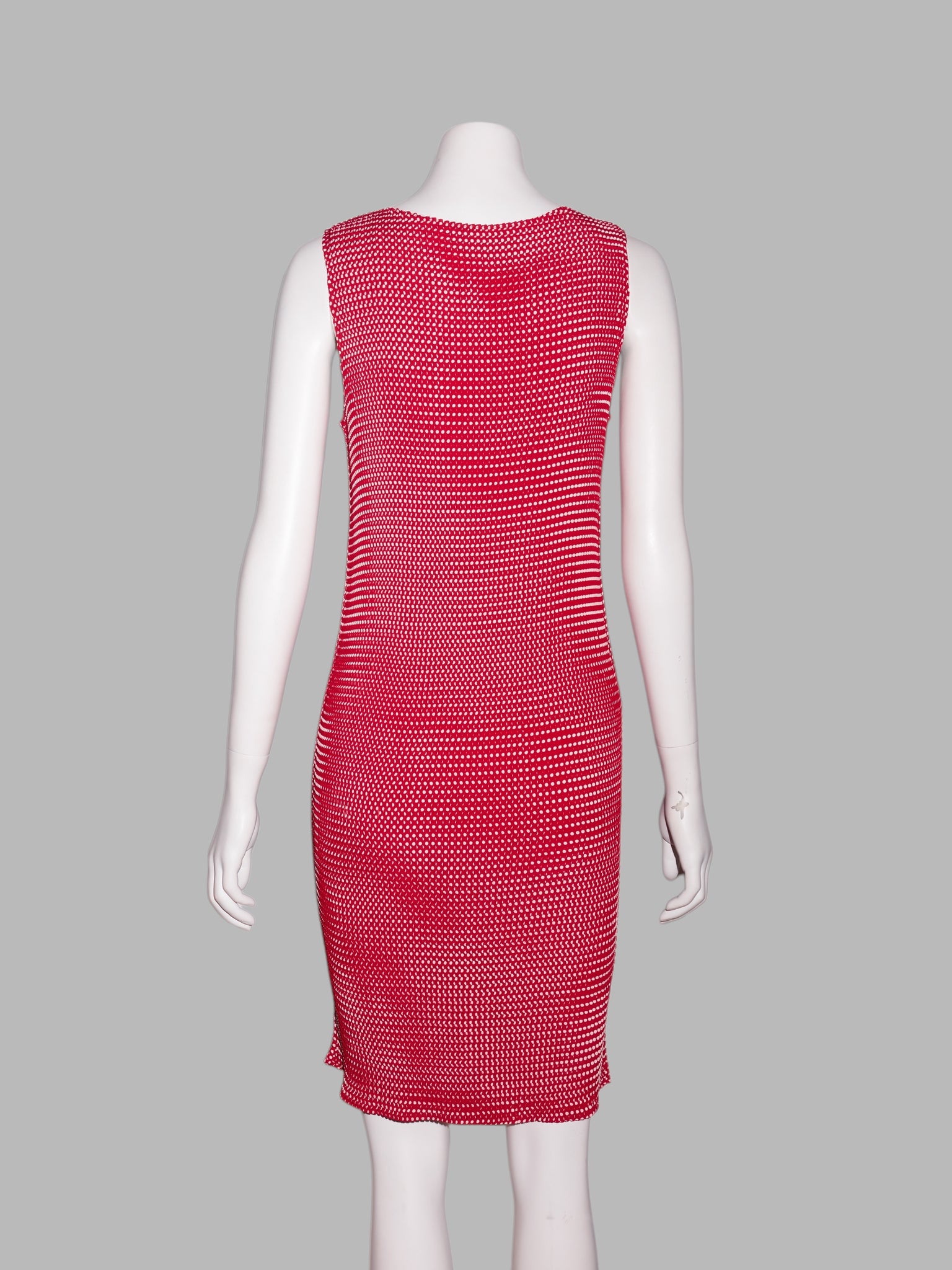 Issey Miyake 1990s spotted red and white pleated polyester sleeveless dress