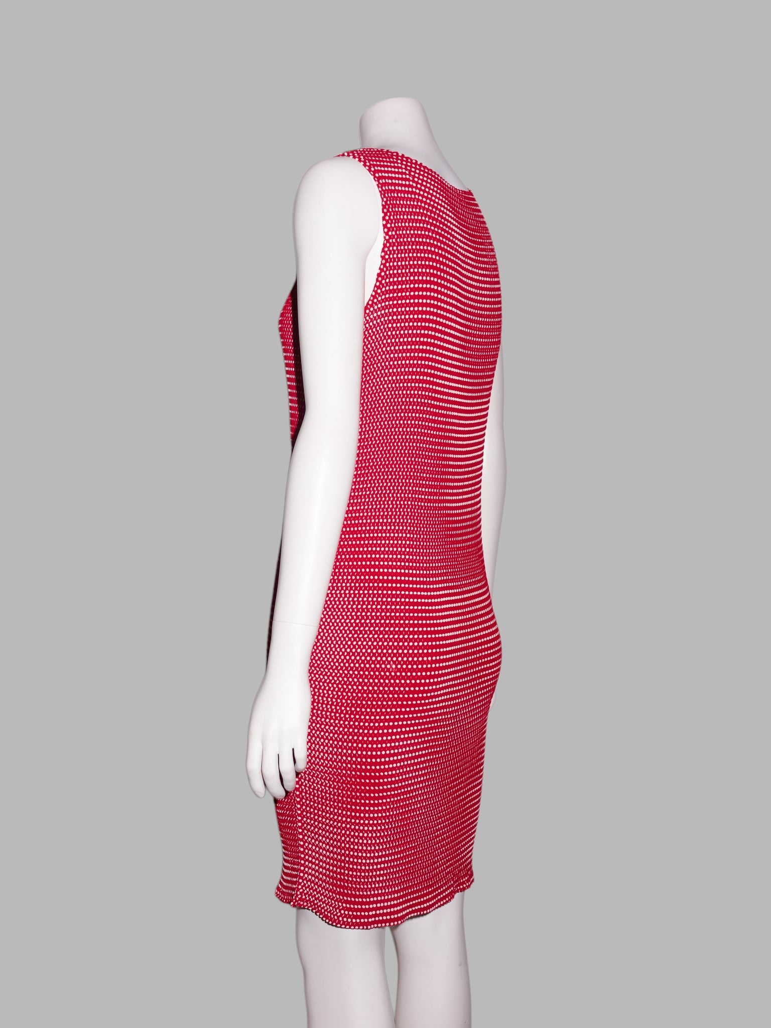 Issey Miyake 1990s spotted red and white pleated polyester sleeveless dress