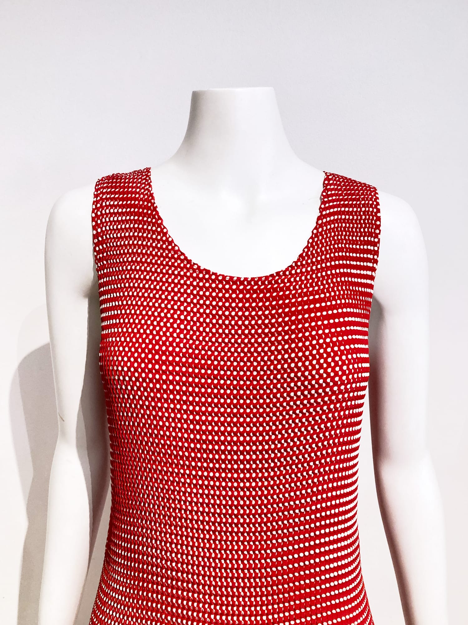 Issey Miyake 1990s spotted red and white pleated polyester sleeveless dress