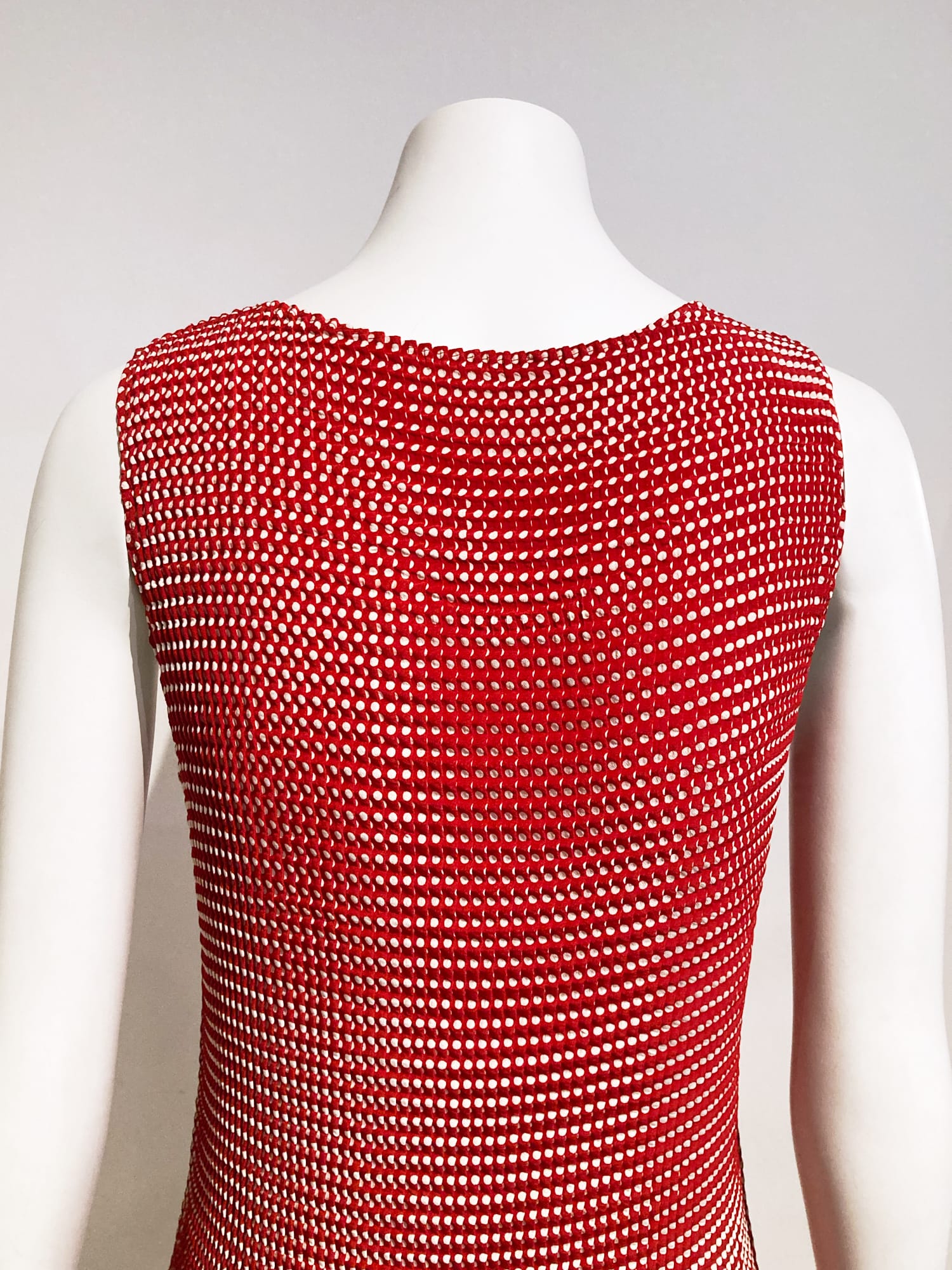 Issey Miyake 1990s spotted red and white pleated polyester sleeveless dress