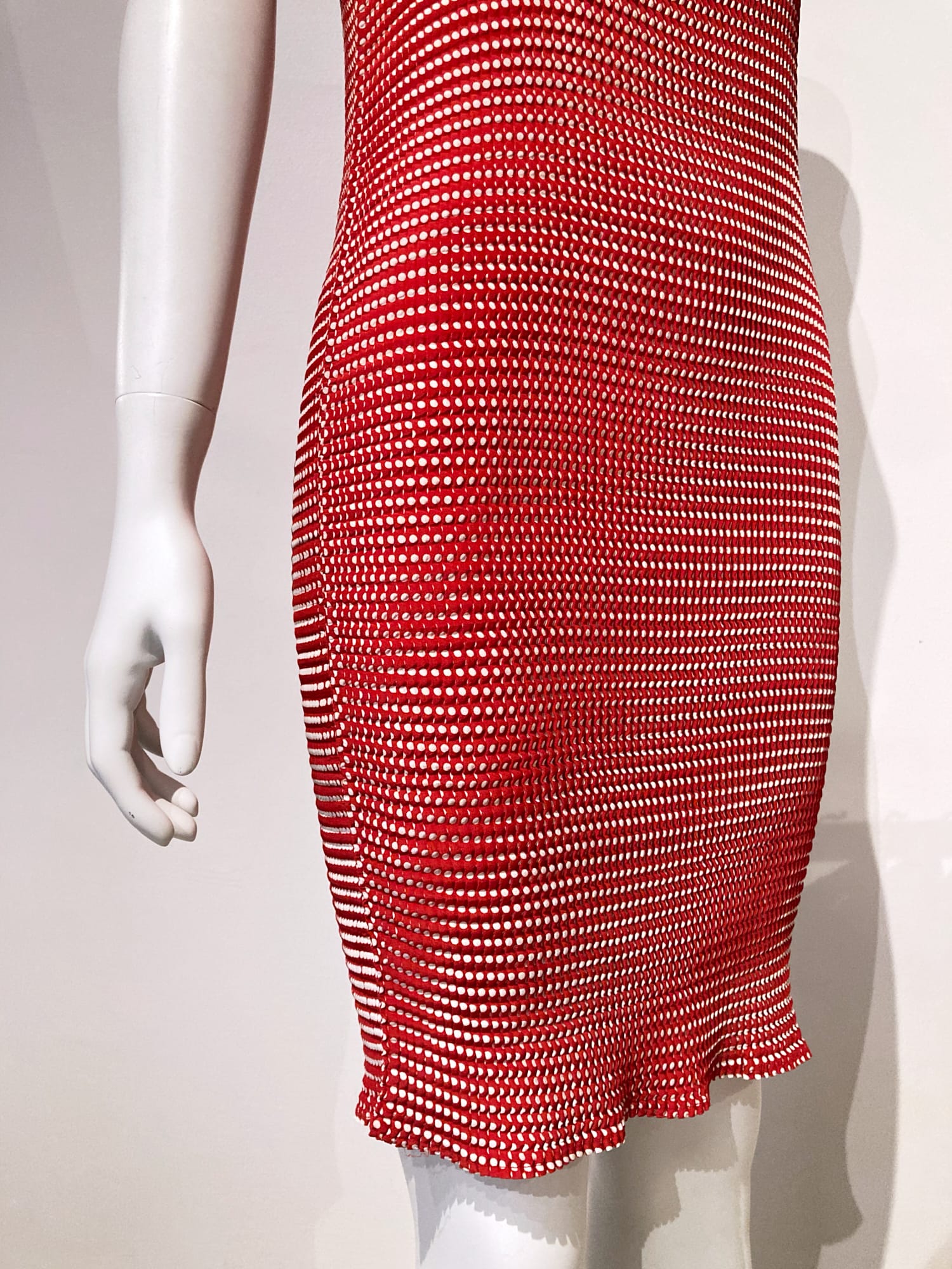 Issey Miyake 1990s spotted red and white pleated polyester sleeveless dress