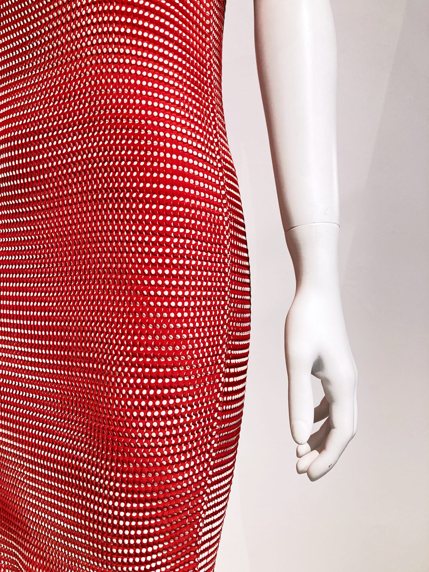 Issey Miyake 1990s spotted red and white pleated polyester sleeveless dress