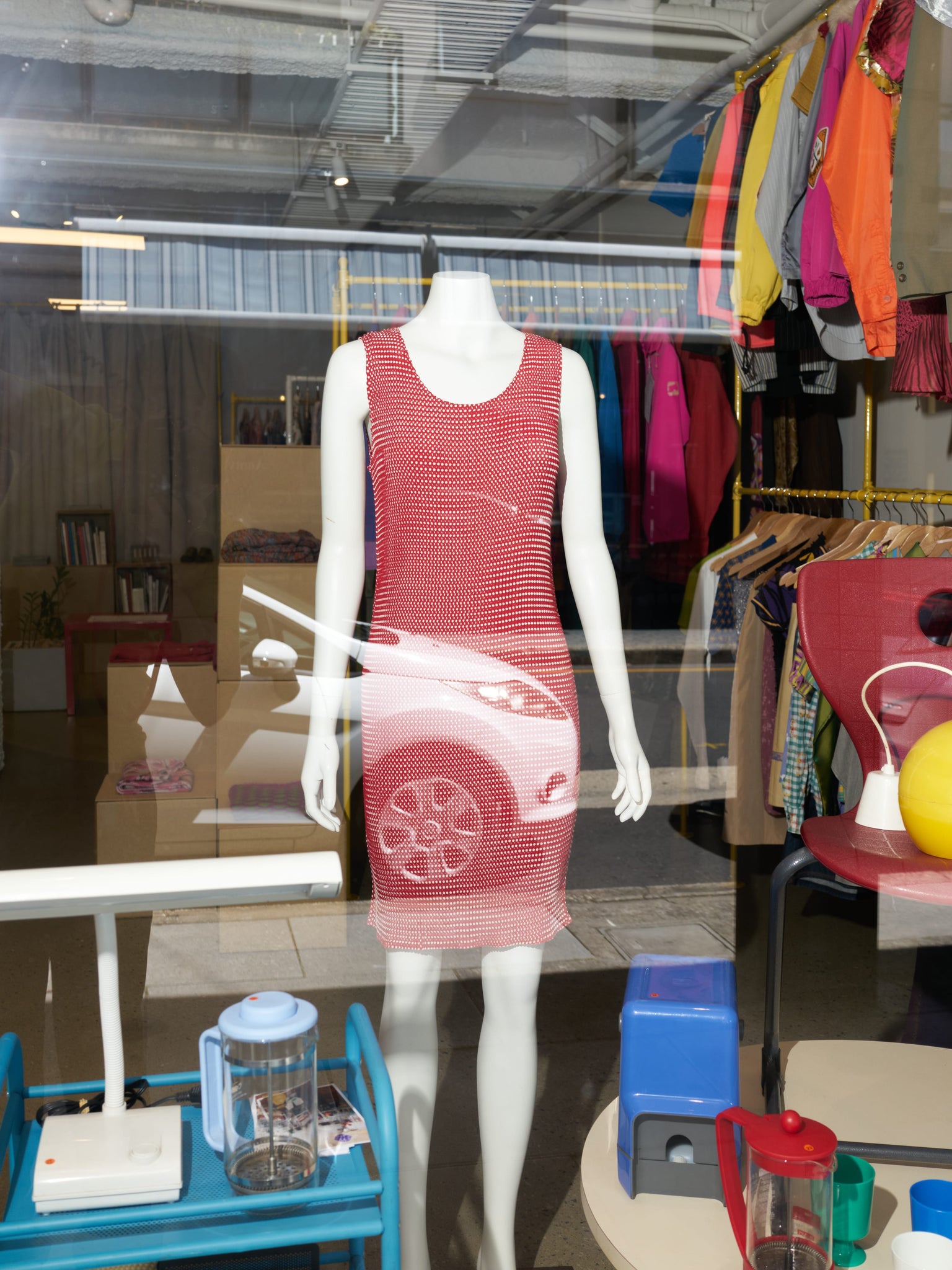 Issey Miyake 1990s spotted red and white pleated polyester sleeveless dress