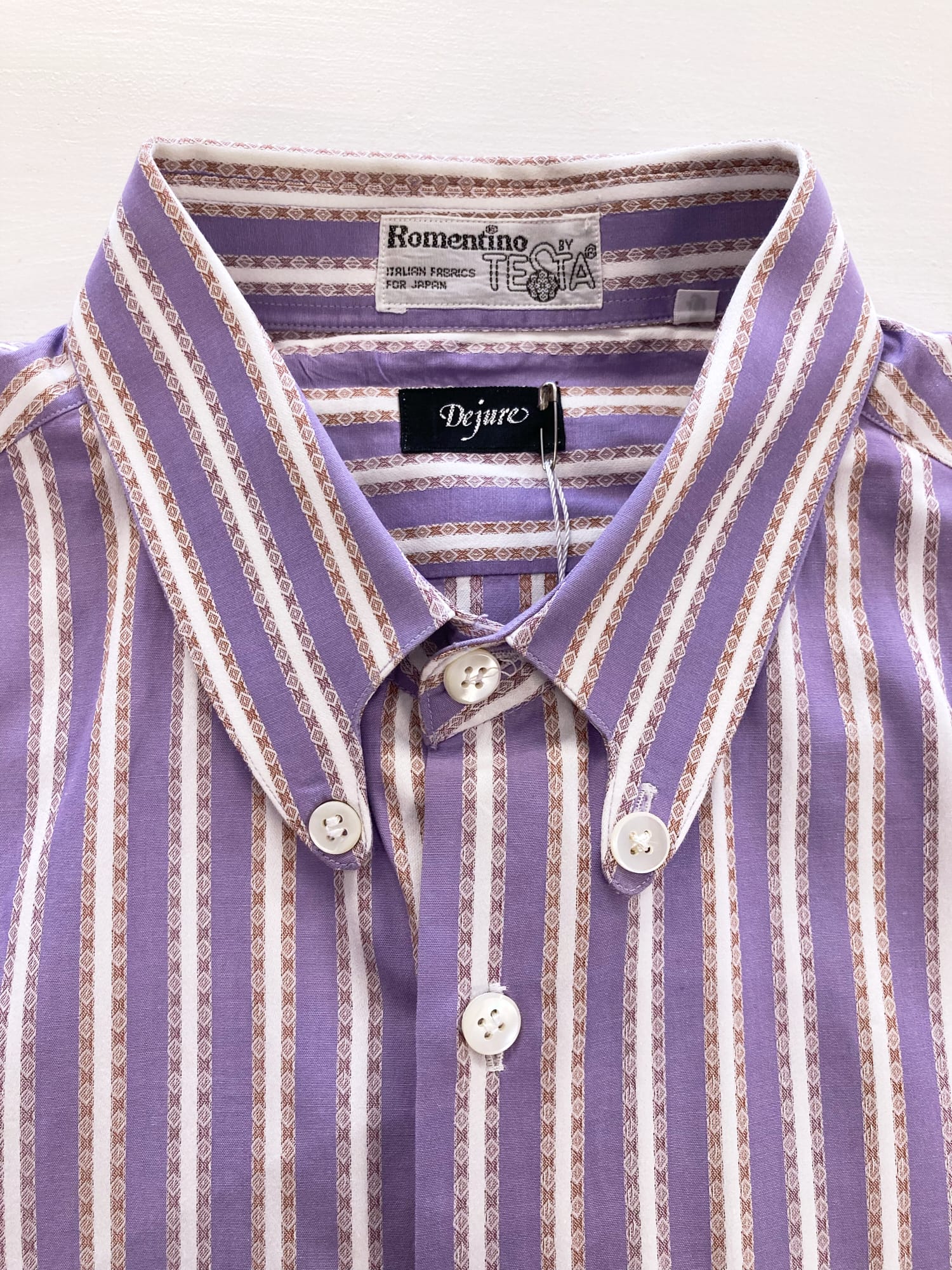 Dejure by Brains 1980s striped purple cotton fake button down collar shirt