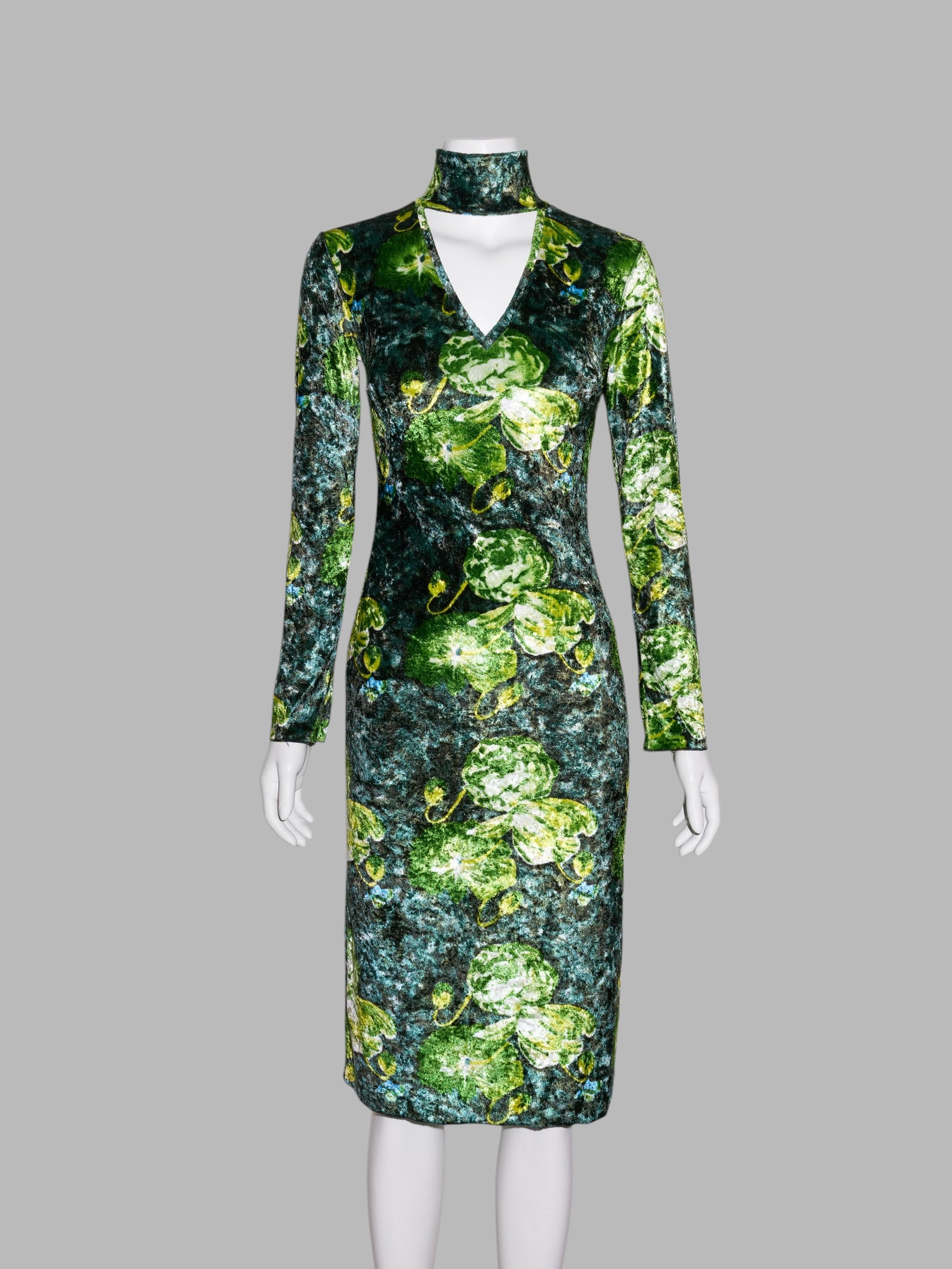 Jean Colonna winter 1996 green velour floral print high neck cut out dress