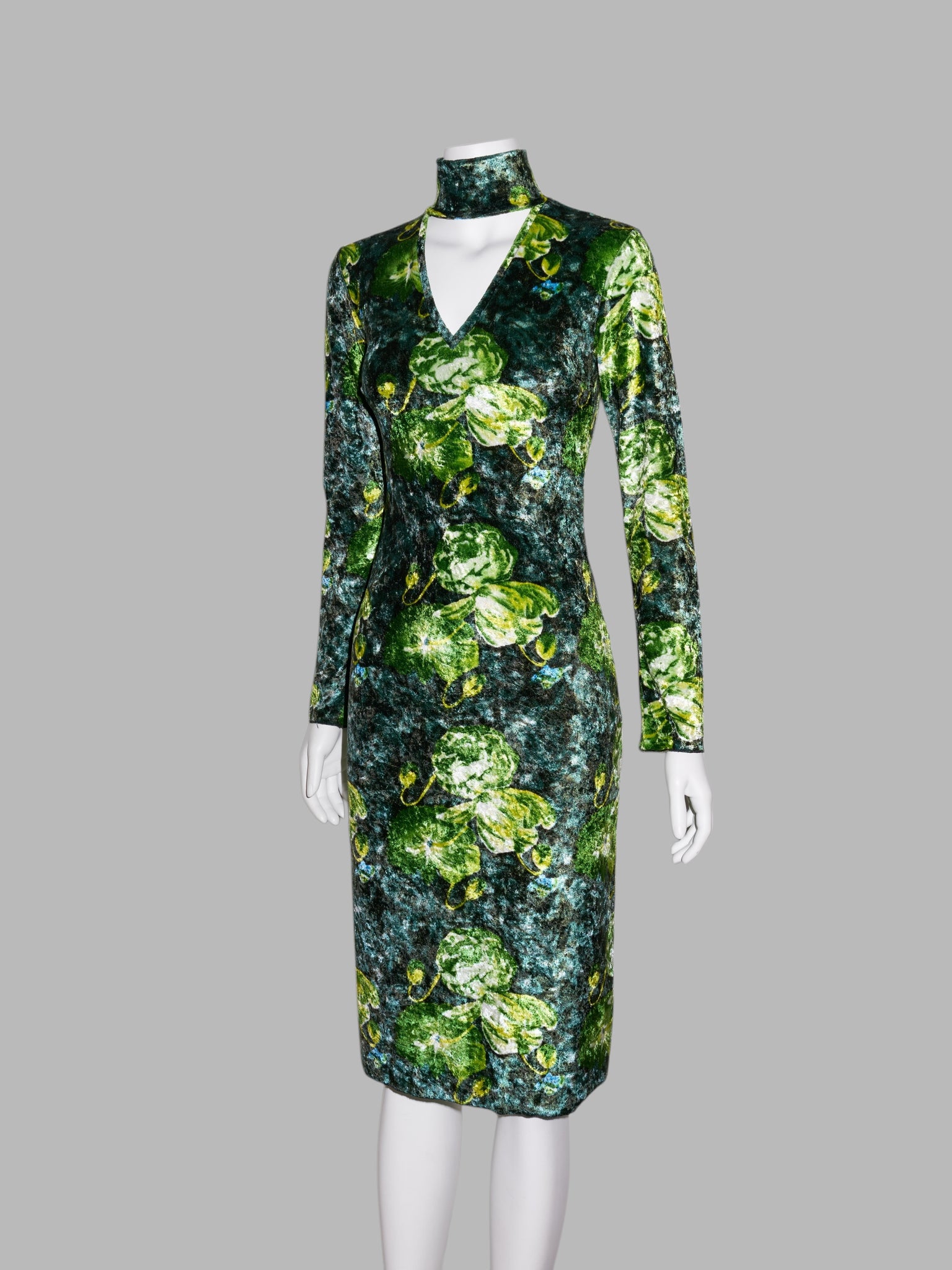 Jean Colonna winter 1996 green velour floral print high neck cut out dress