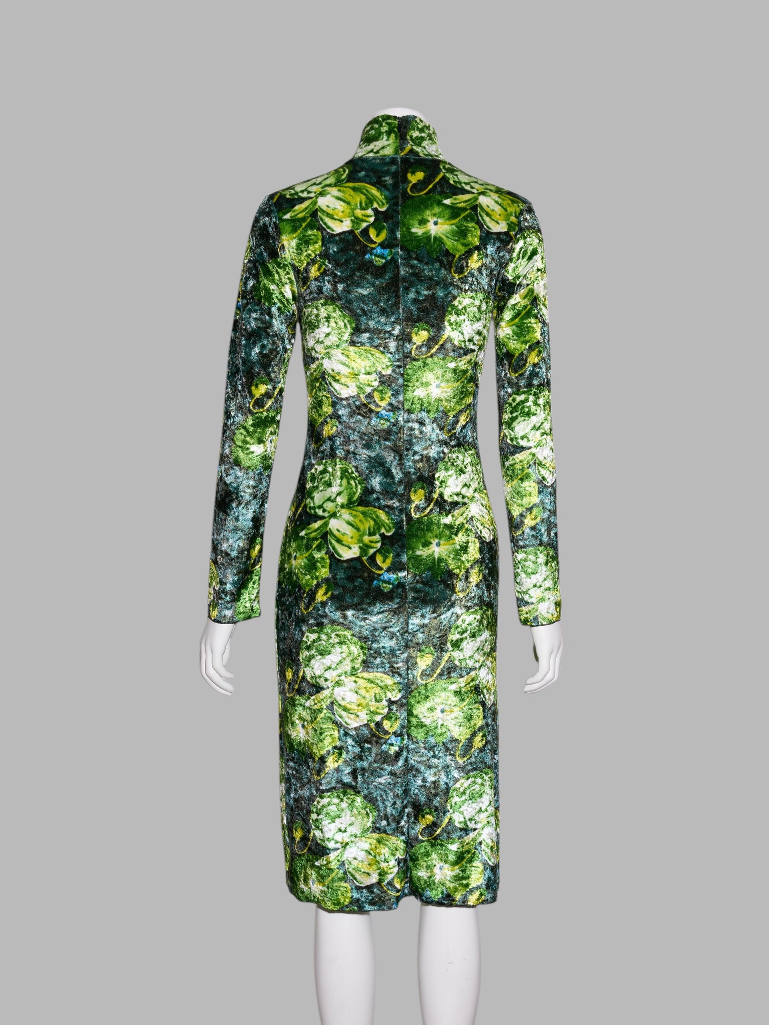 Jean Colonna winter 1996 green velour floral print high neck cut out dress