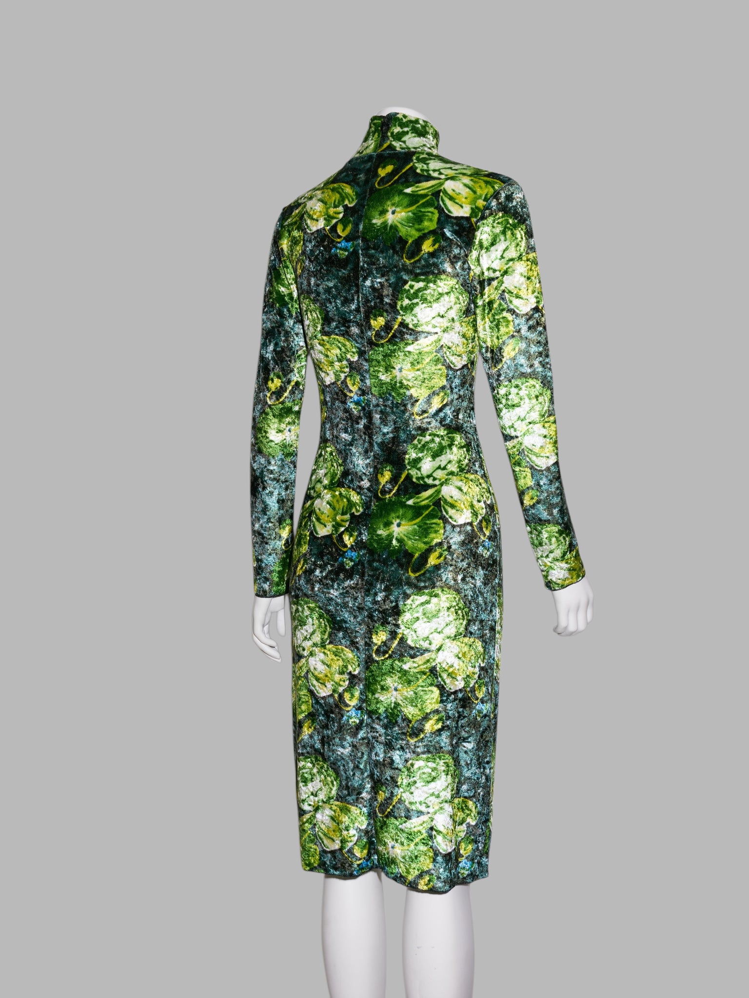 Jean Colonna winter 1996 green velour floral print high neck cut out dress