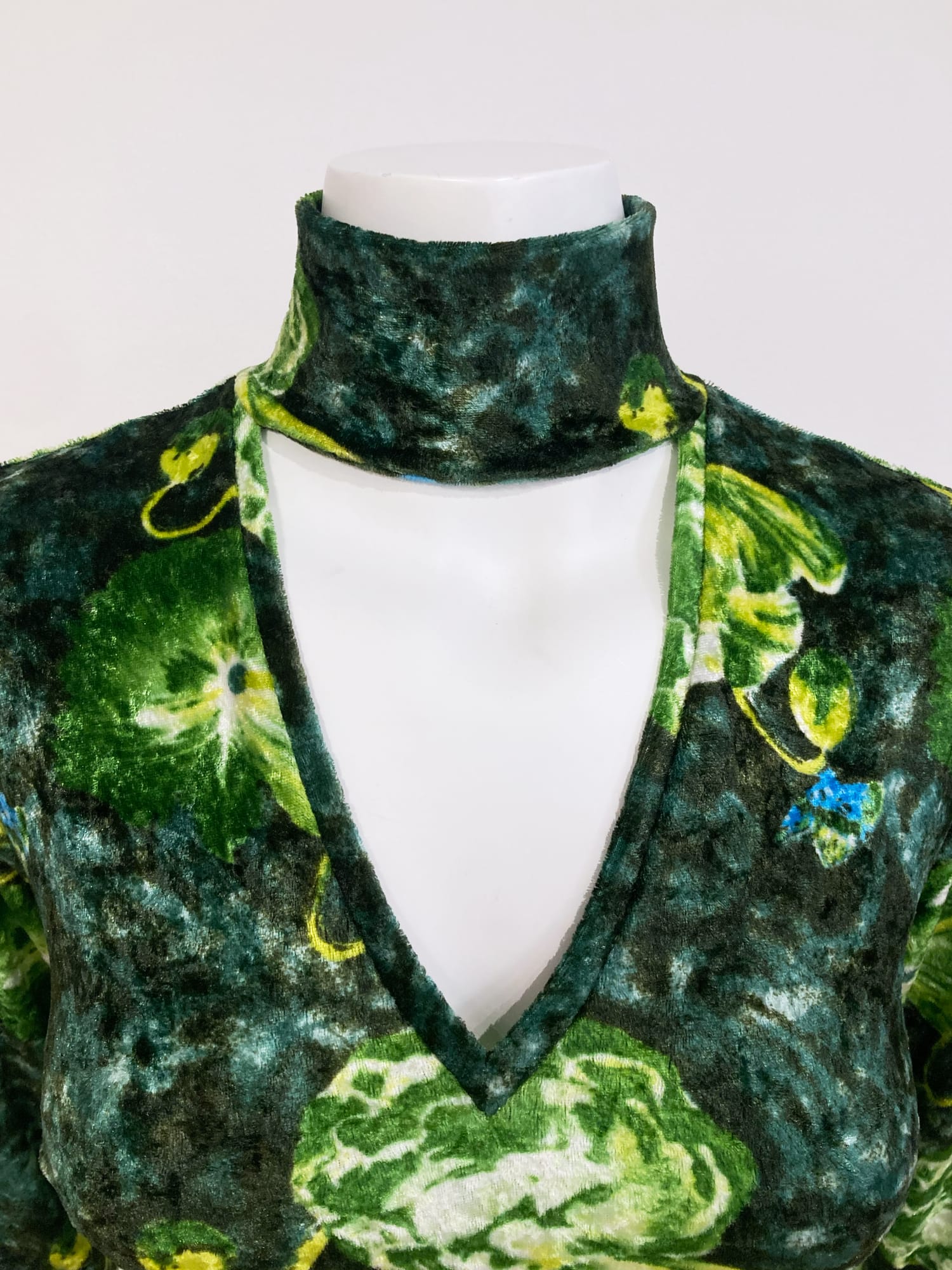 Jean Colonna winter 1996 green velour floral print high neck cut out dress