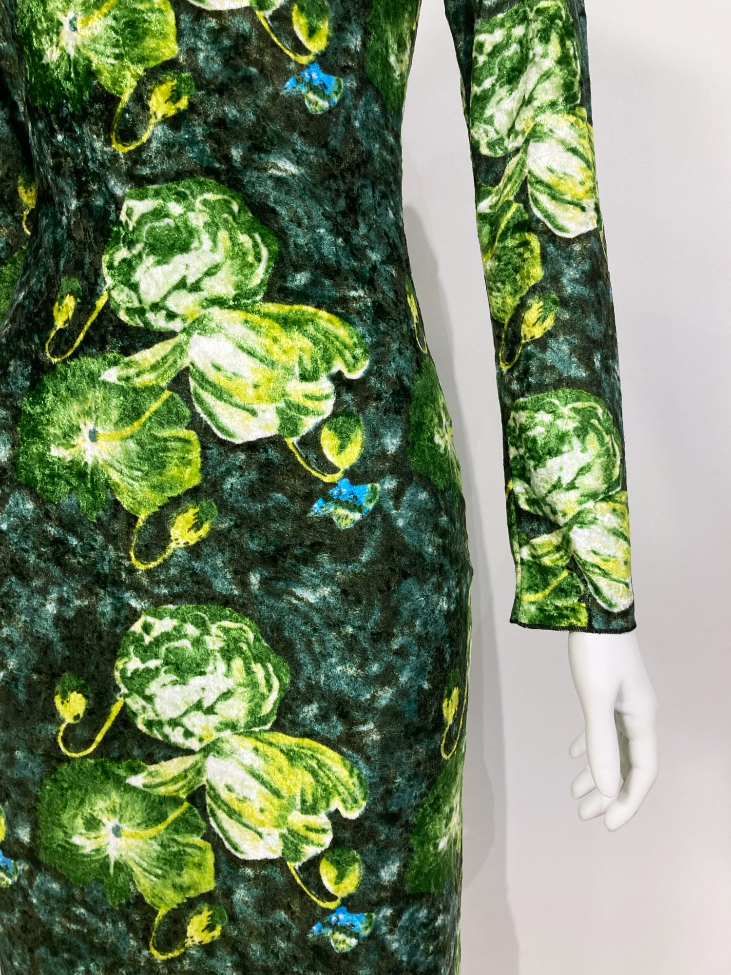 Jean Colonna winter 1996 green velour floral print high neck cut out dress