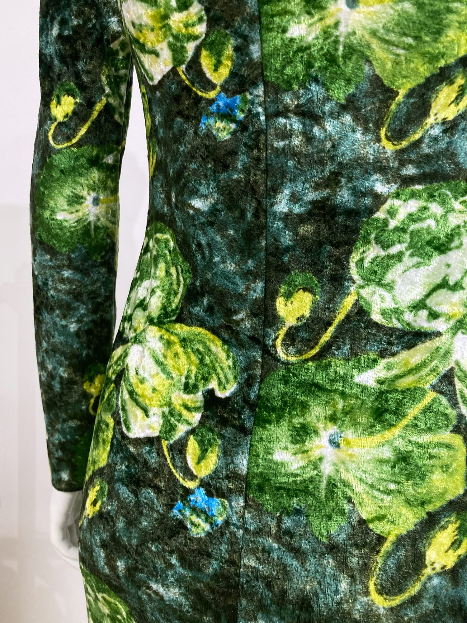 Jean Colonna winter 1996 green velour floral print high neck cut out dress