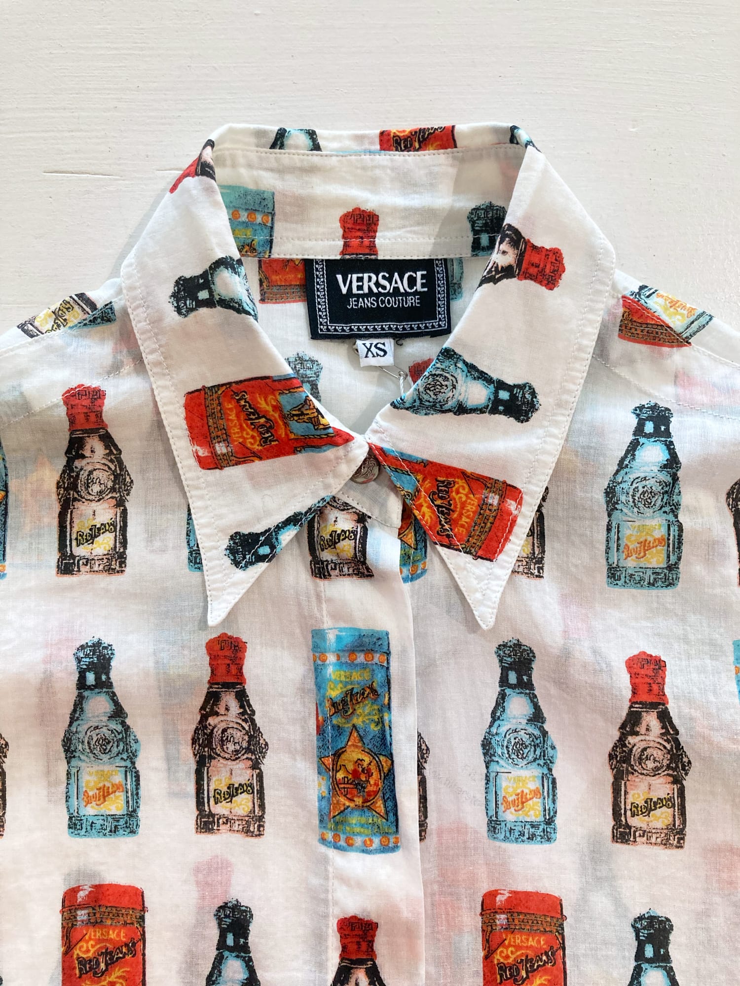 Versace Jeans Couture 1990s white cotton perfume bottle print shirt