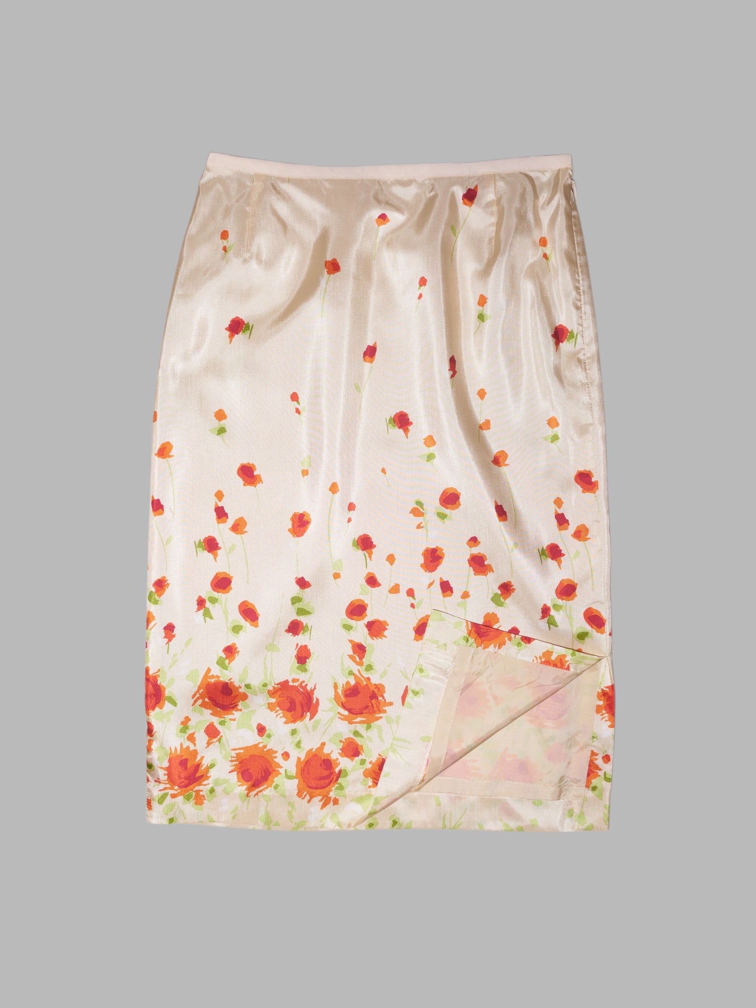 Yukiko Hanai Sport cream polyester satin rose print knee length skirt